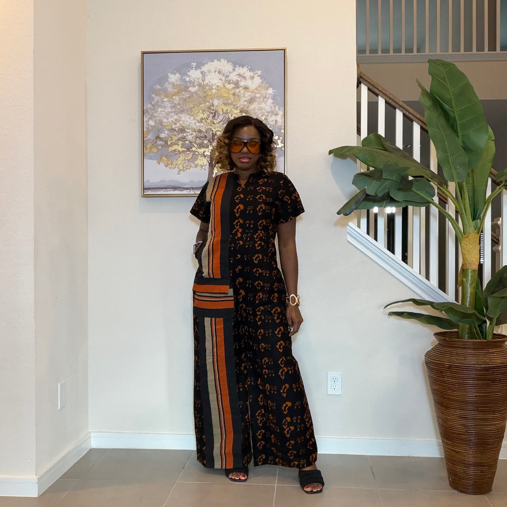 Ankara Print Jumpsuit with   Aso Oke, Wide‑Leg African Jumpsuit
