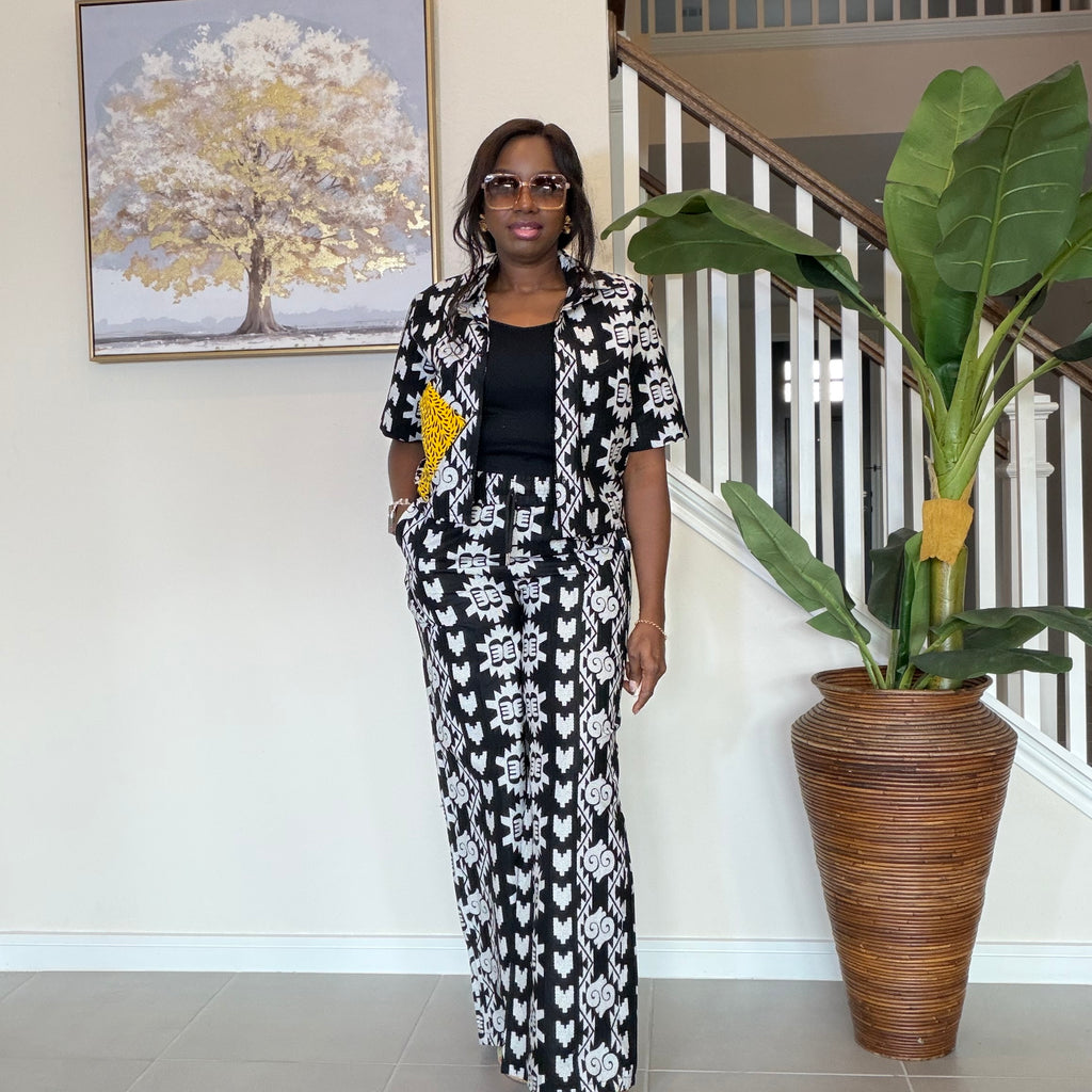 Modern Ankara Print Two-Piece Set – Black & White Wide-Leg Shirt & Trouser