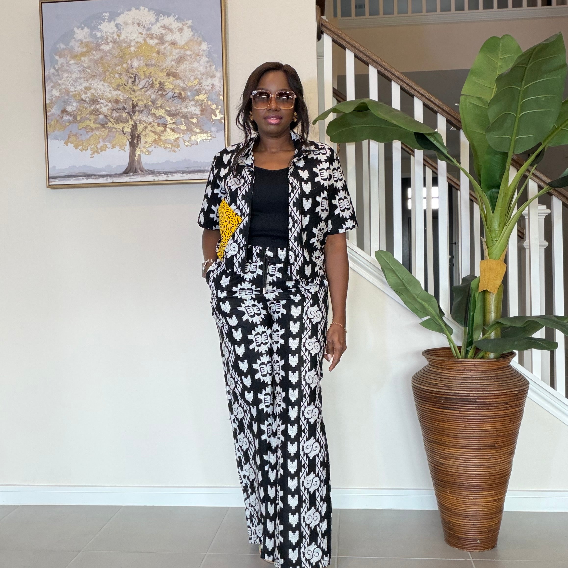 Modern Ankara Print Two-Piece Set – Black & White Wide-Leg Shirt & Trouser