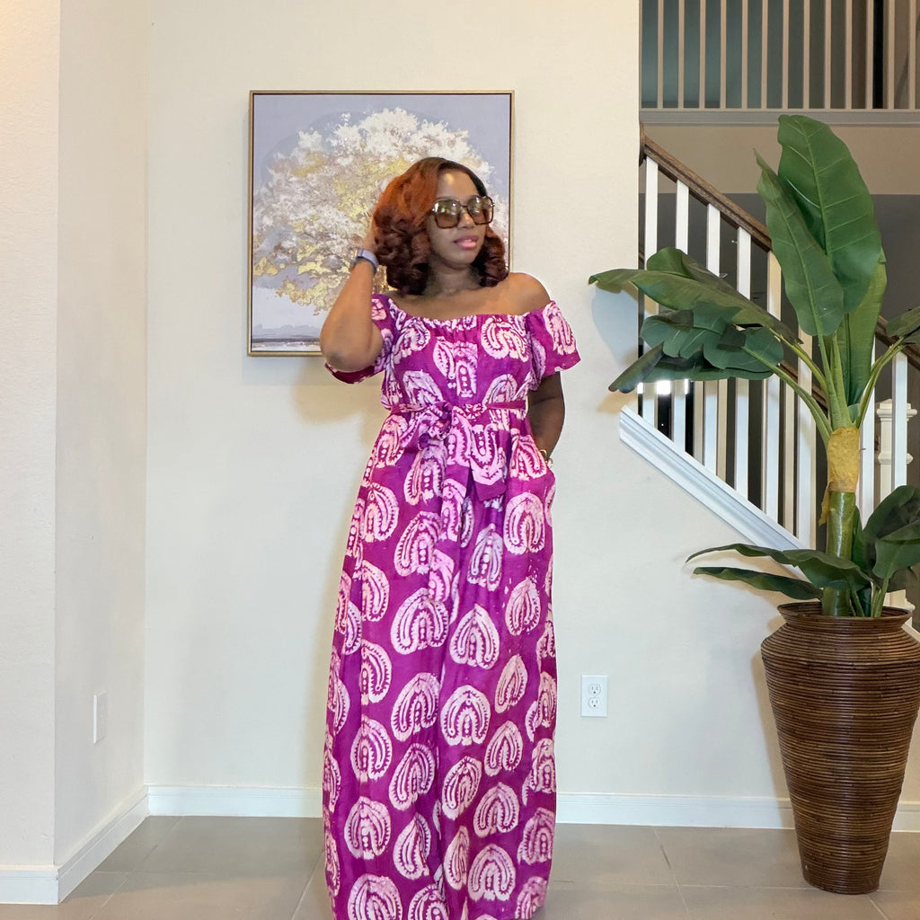 Adire Jumpsuit - African Print Off-the-Shoulder Wide Leg Romper
