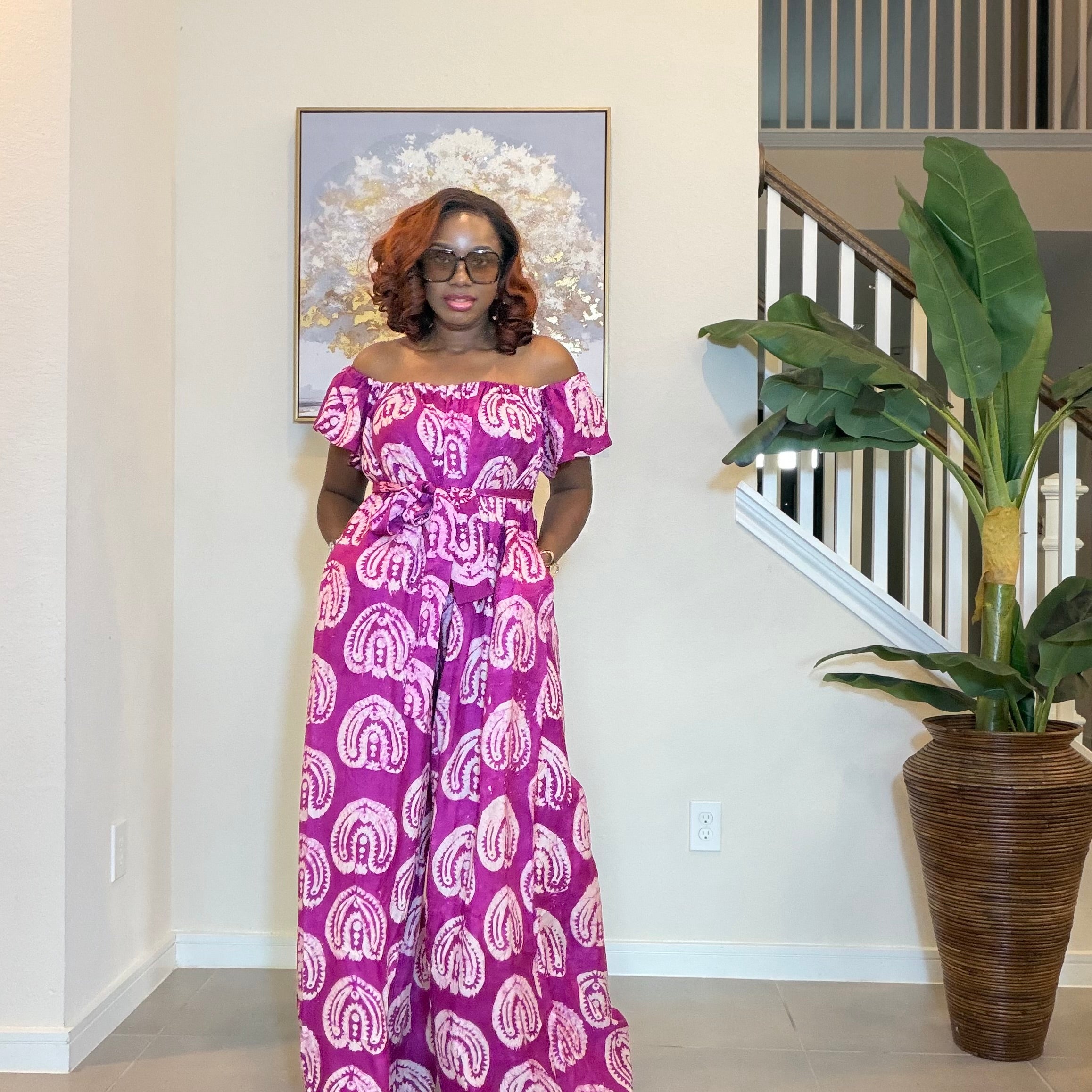 Adire Jumpsuit - African Print Off-the-Shoulder Wide Leg Romper