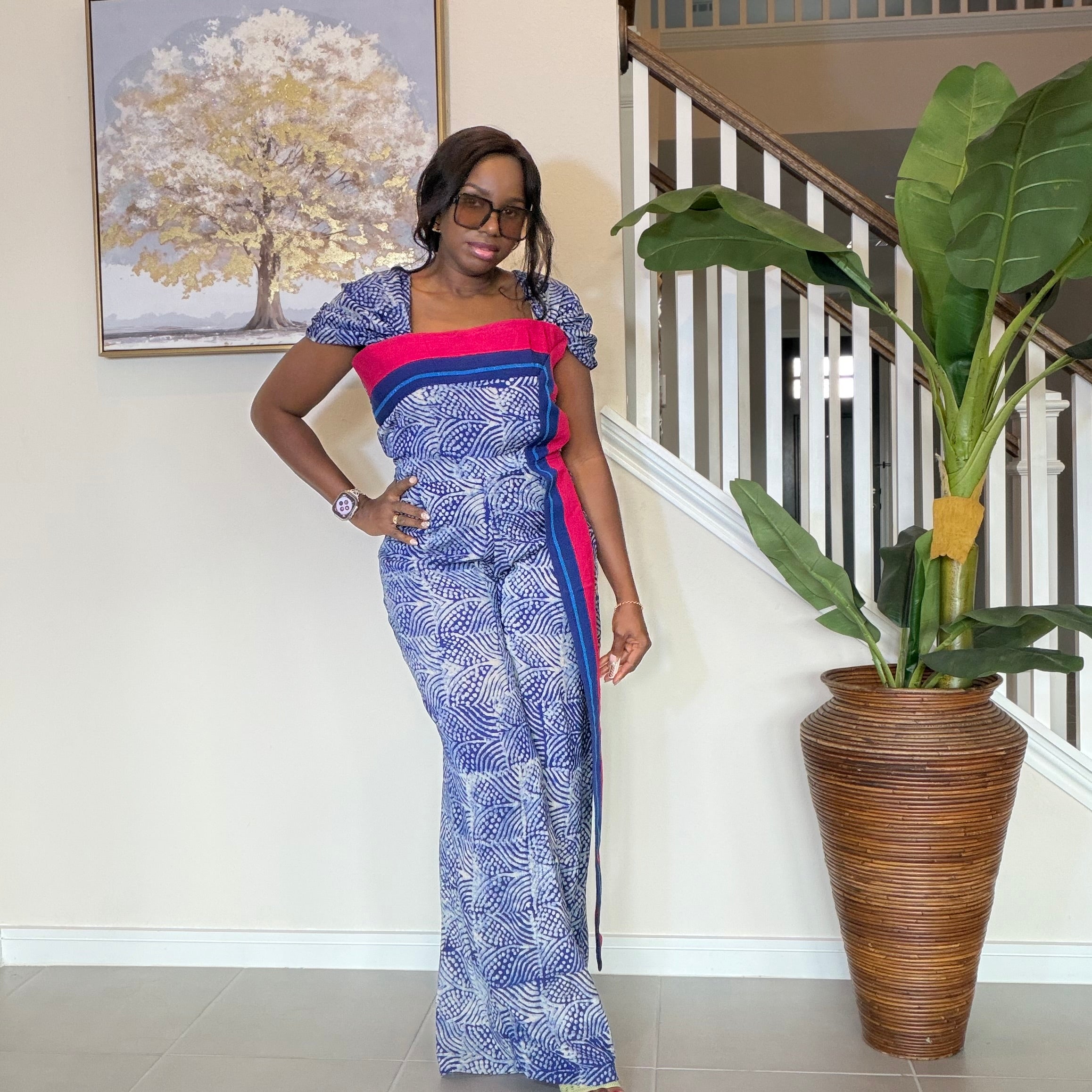 Adire Floral Wide-Leg Jumpsuit with Aso Oke Detail