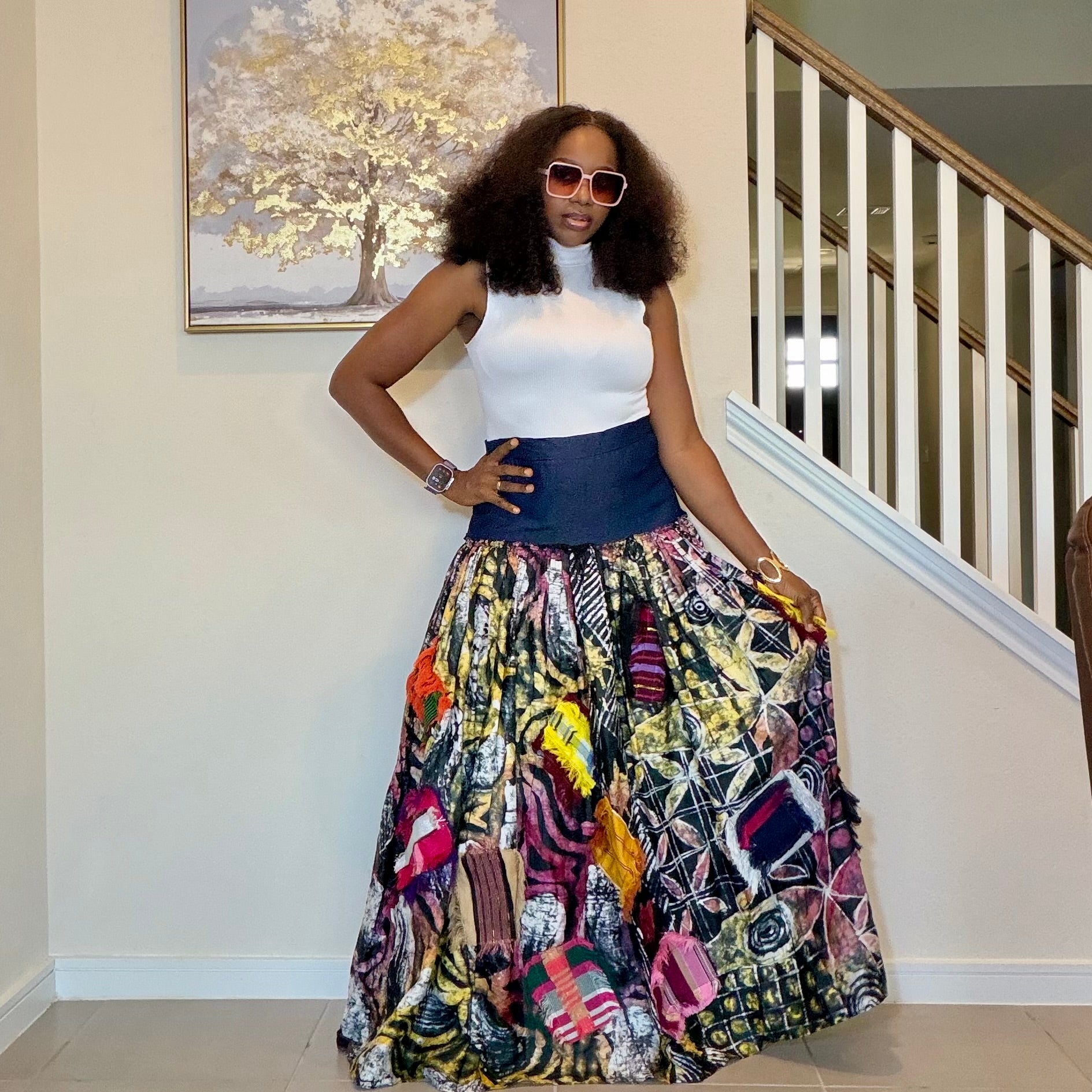 Adire Batik Maxi Skirt with Aso Oke Patchwork, High-Waisted African Print Maxi Skirt