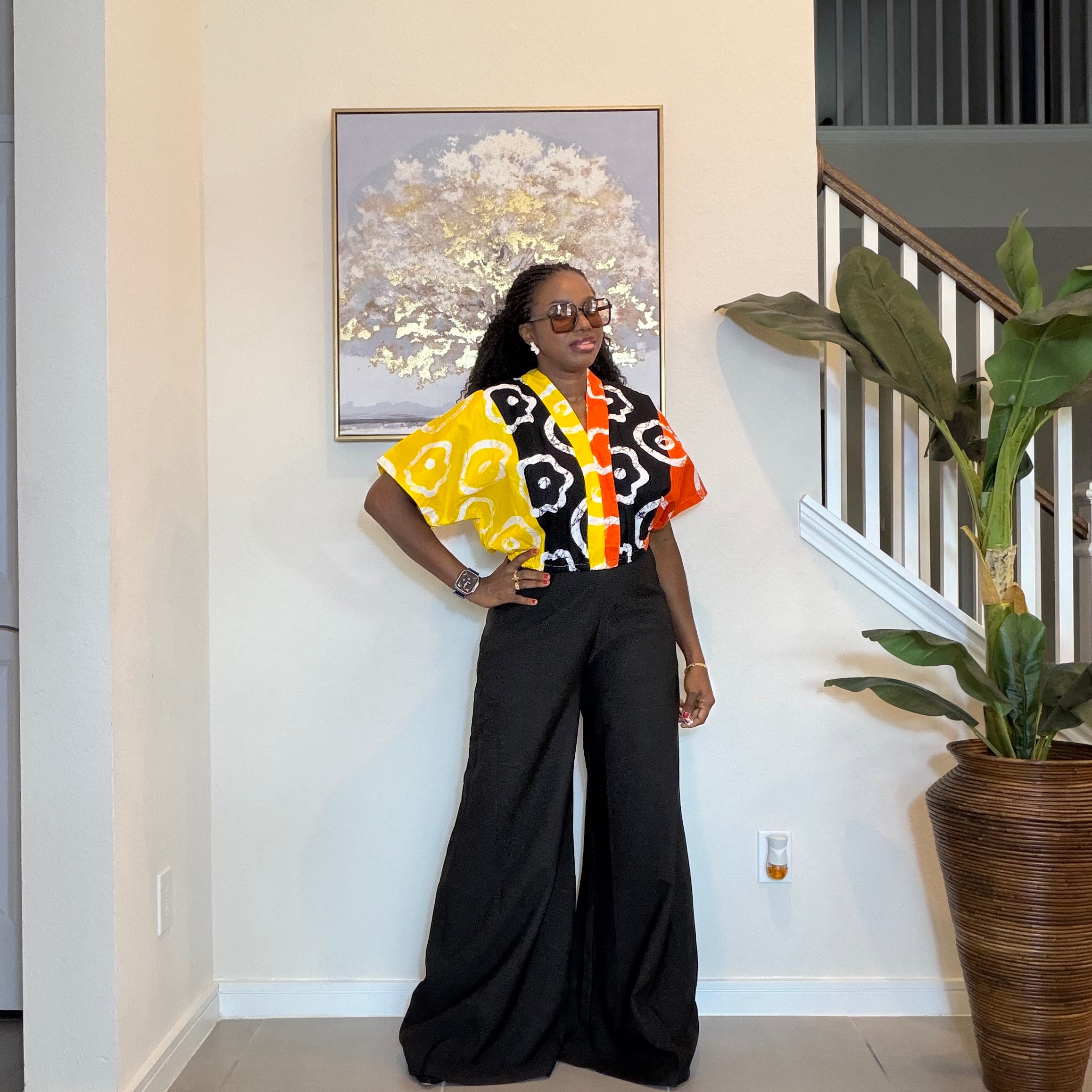 Cropped Ankara V-Neck Top with Black Wide-Leg Pants