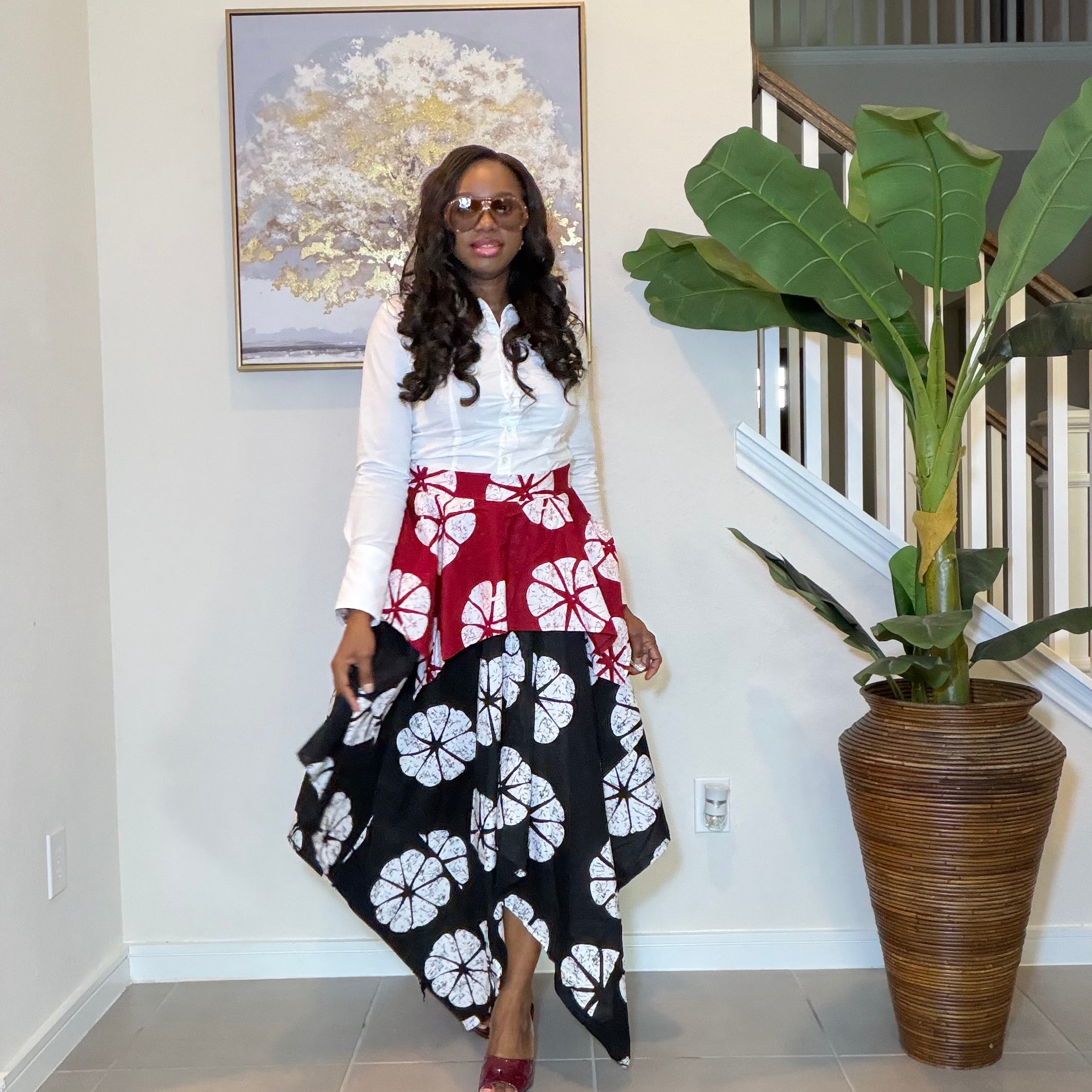 African Ankara Print Handkerchief Skirt, Asymmetric High-Low Print Skirt