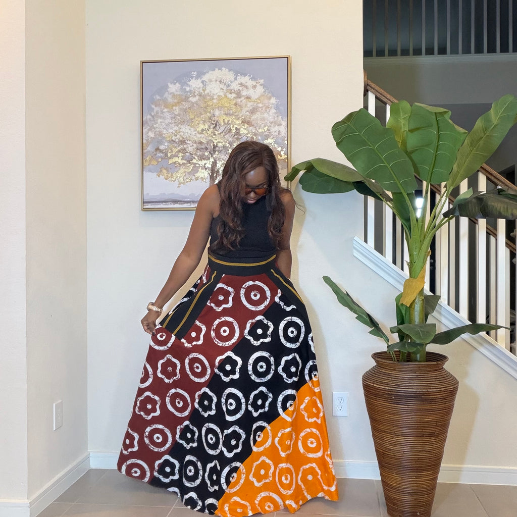 African Ankara Maxi Skirt, High Waist Skirt with Aso Oke Pockets