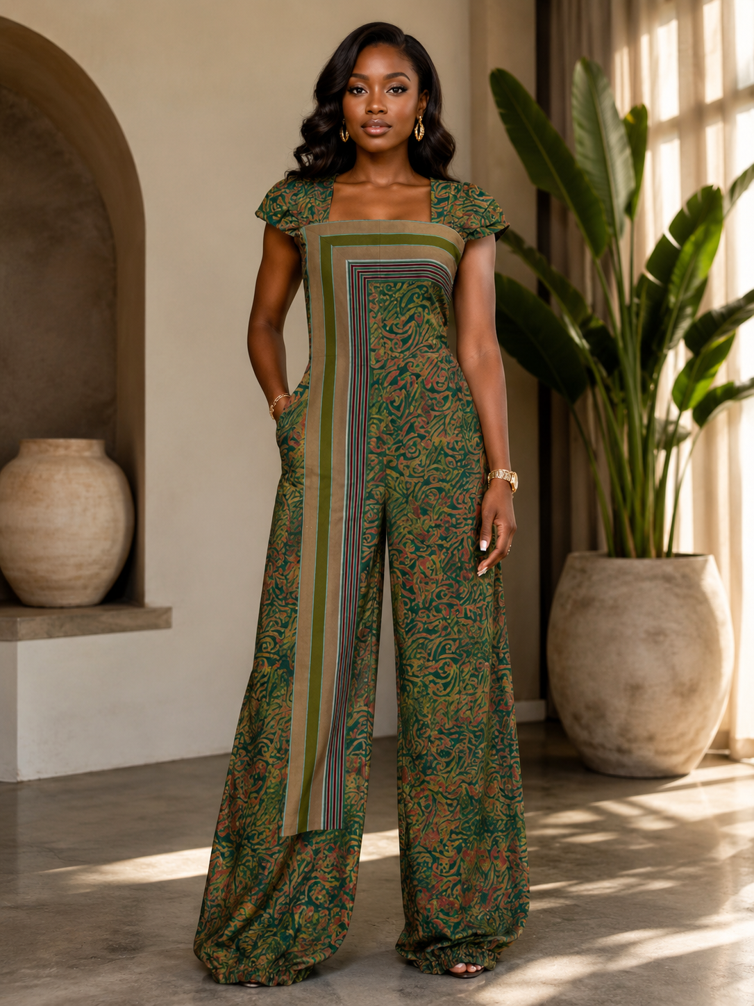 Elegant Adire Jumpsuit with Handwoven Aso Oke Contrast Panel.