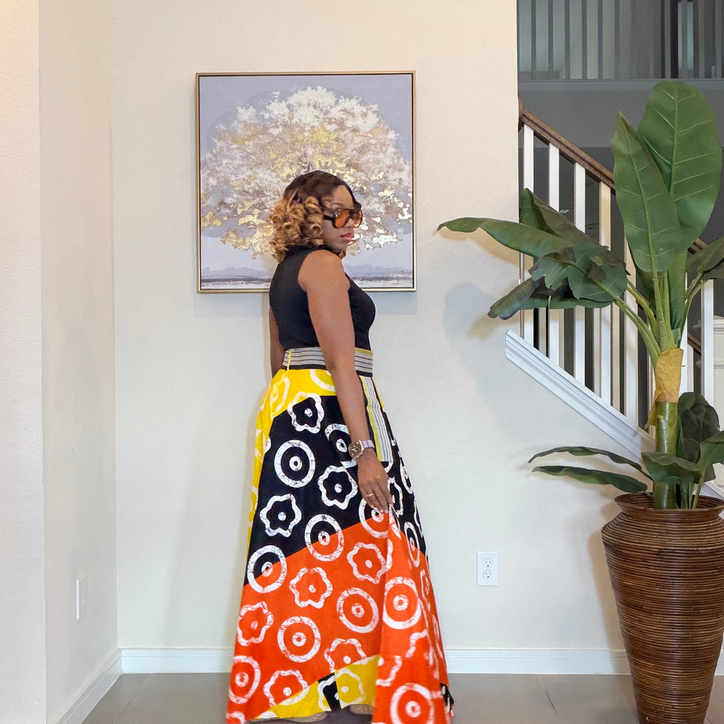 African Ankara Maxi Skirt, High Waist Skirt with Aso Oke Pockets