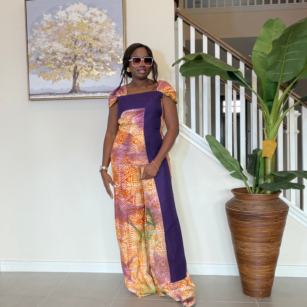 Adire Floral Wide-Leg Jumpsuit with Aso Oke Detail