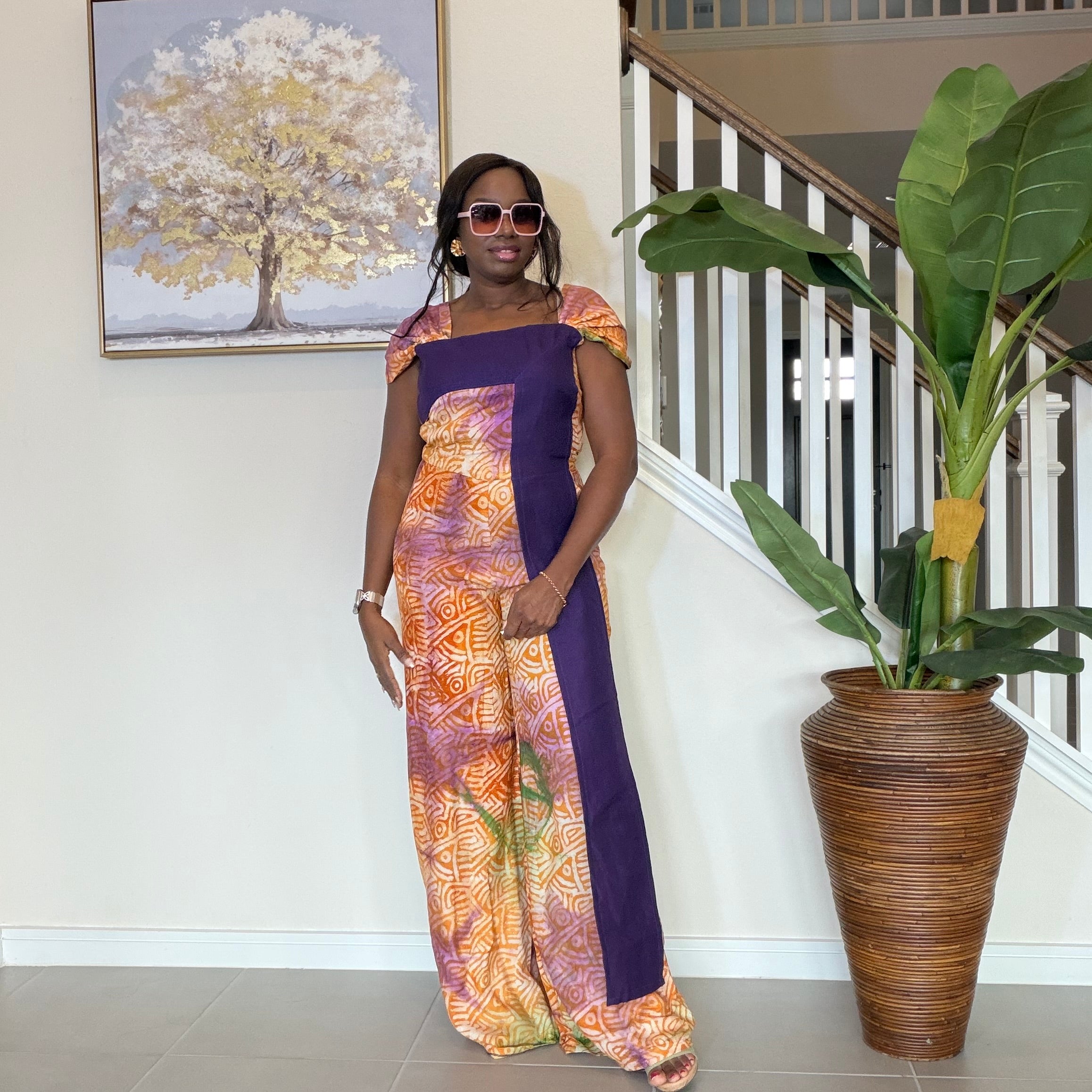 Adire Floral Wide-Leg Jumpsuit with Aso Oke Detail
