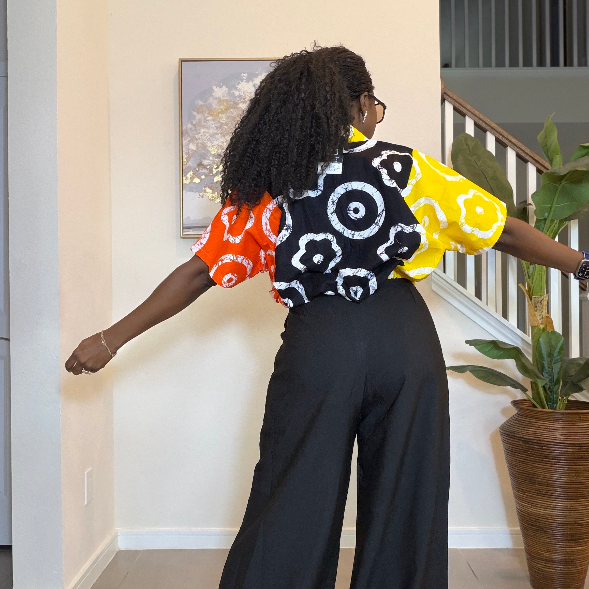 Cropped Ankara V-Neck Top with Black Wide-Leg Pants