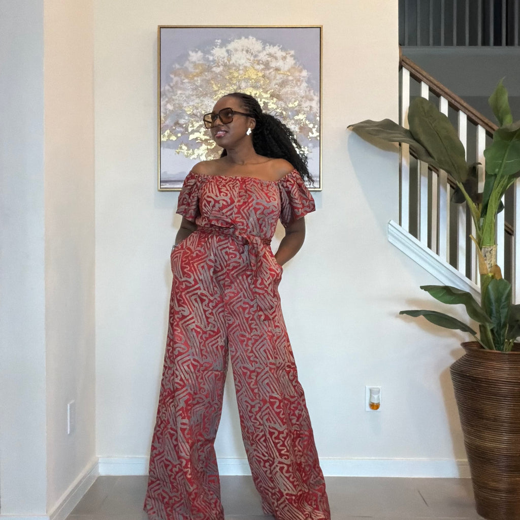 Adire Printed Wide-Leg Jumpsuit Convertible Off-Shoulder with Detachable Belt