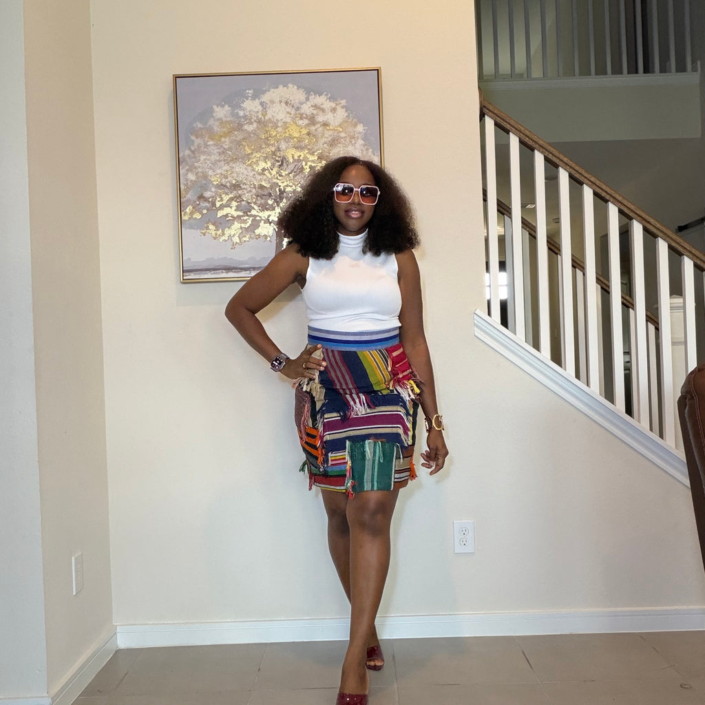 Multicolor Aso Oke Patch Mini Skirt