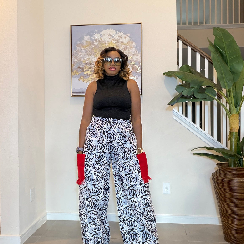 Ankara Wide‑Leg Pants with Aso Oke side pockets.