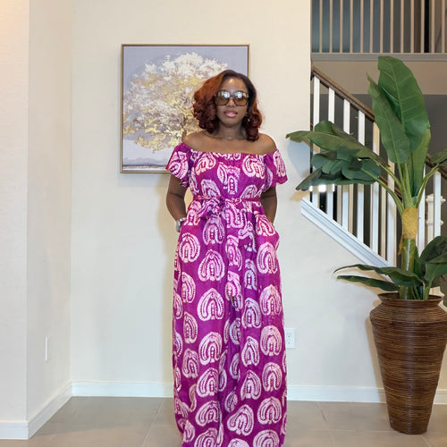 Adire Jumpsuit - African Print Off-the-Shoulder Wide Leg Romper