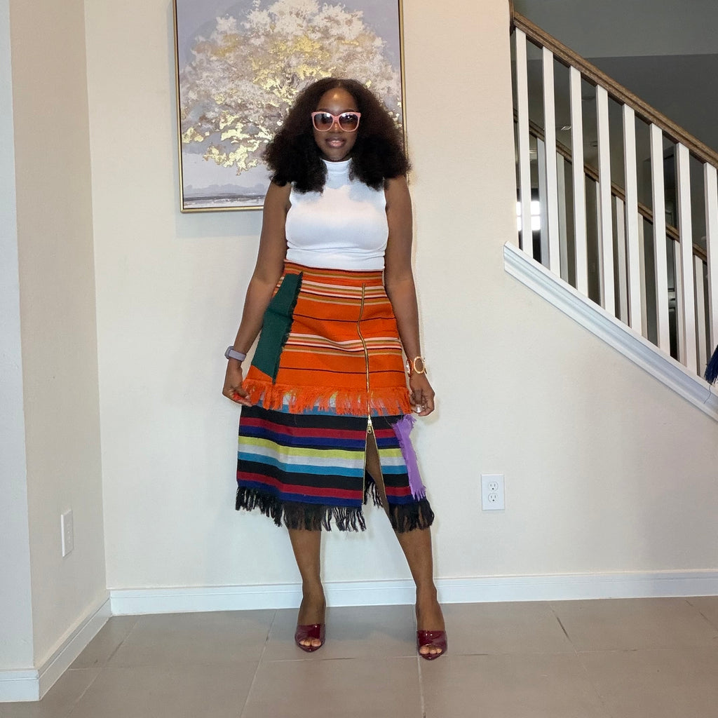Colorful African Aso Oke Fringe Skirt, Handmade Aso Oke Patchwork Skirt