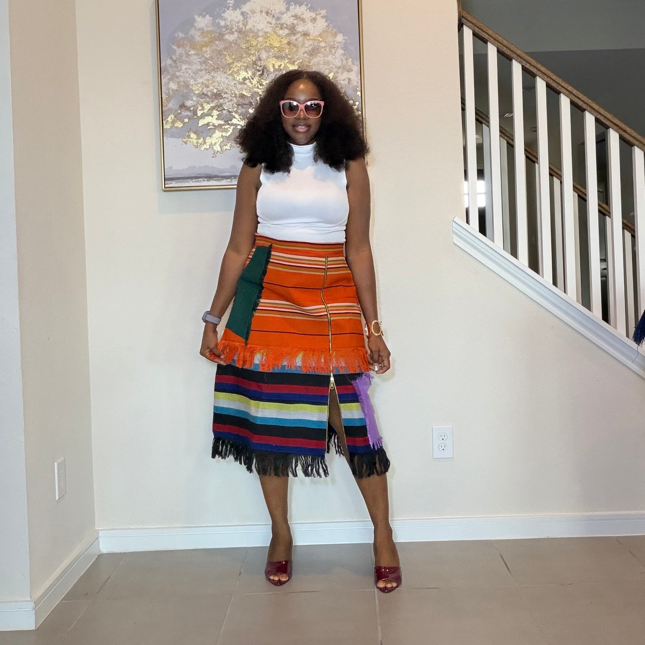 Colorful African Aso Oke Fringe Skirt, Handmade Aso Oke Patchwork Skirt