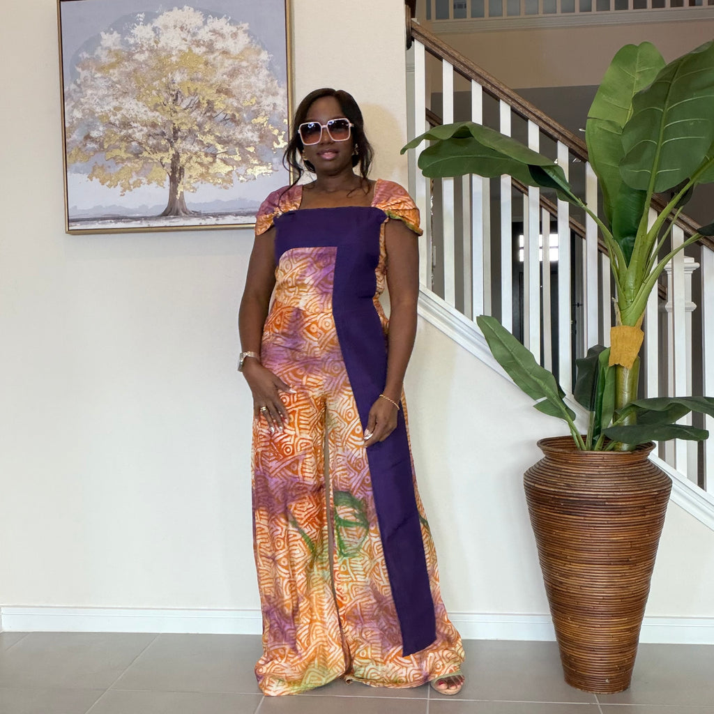 Adire Floral Wide-Leg Jumpsuit with Aso Oke Detail