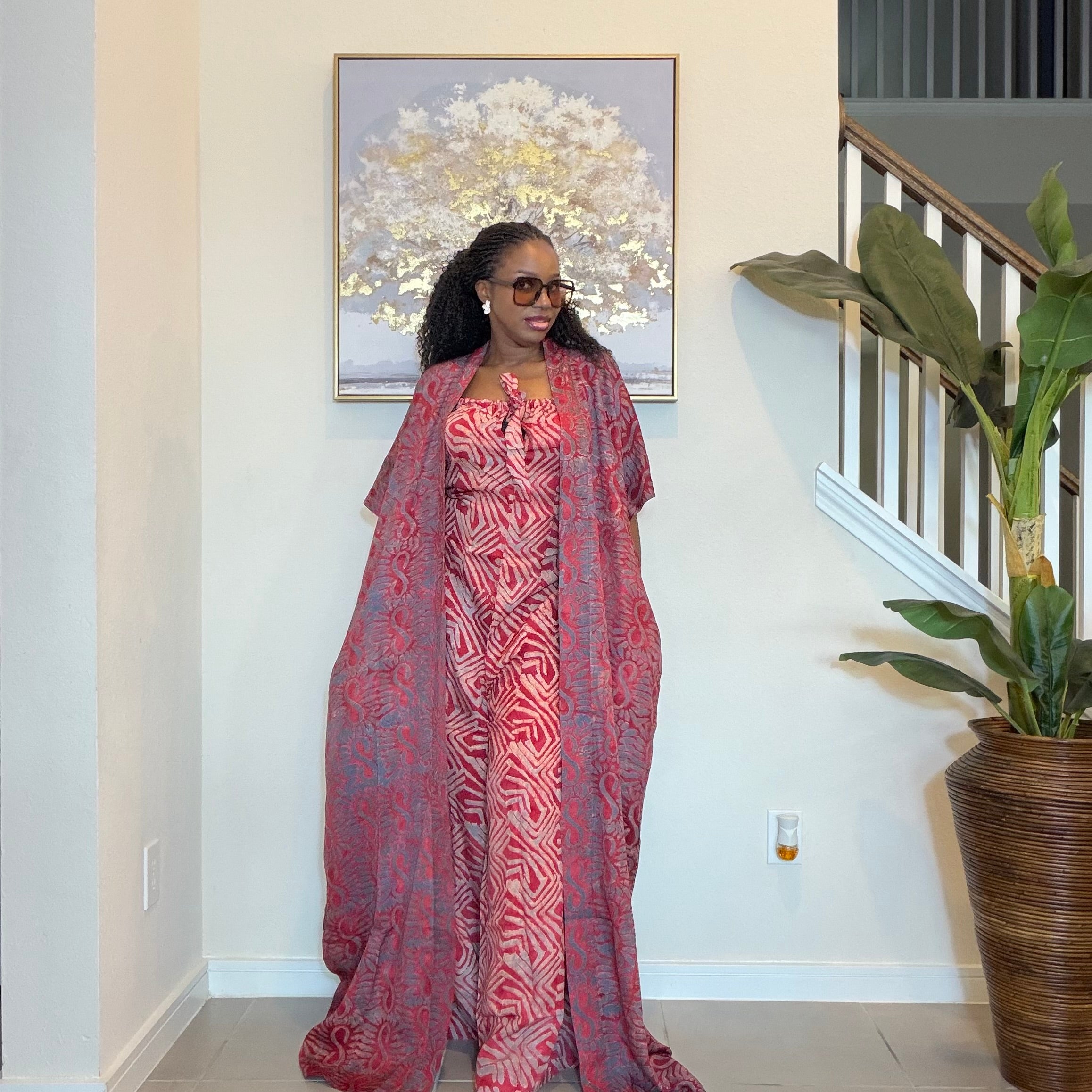 2-Piece Adire Crepe Jumpsuit and Kimono Set