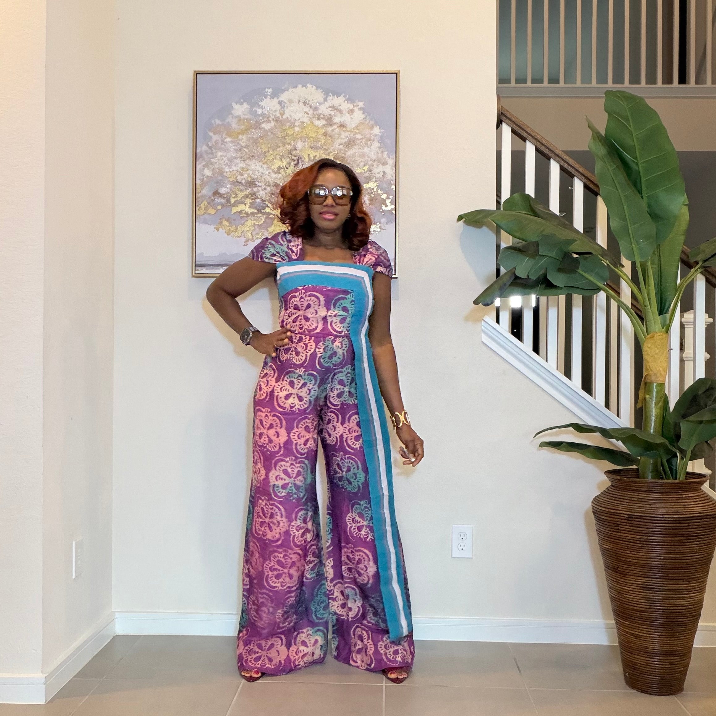 Adire Floral Wide-Leg Jumpsuit with Aso Oke Detail