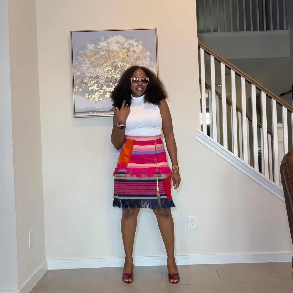 Colorful African Aso Oke Fringe Skirt, Handmade Aso Oke Patchwork Skirt