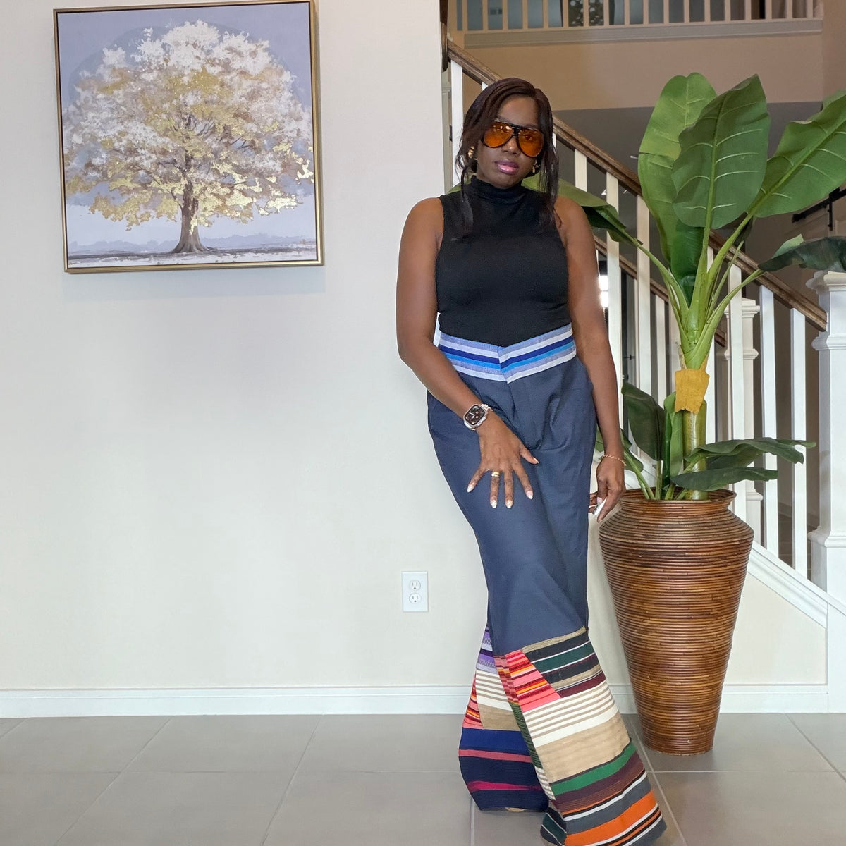 High-Waisted Jeans Wide Leg Trousers with Multicolored Striped Aso Oke Patchwork