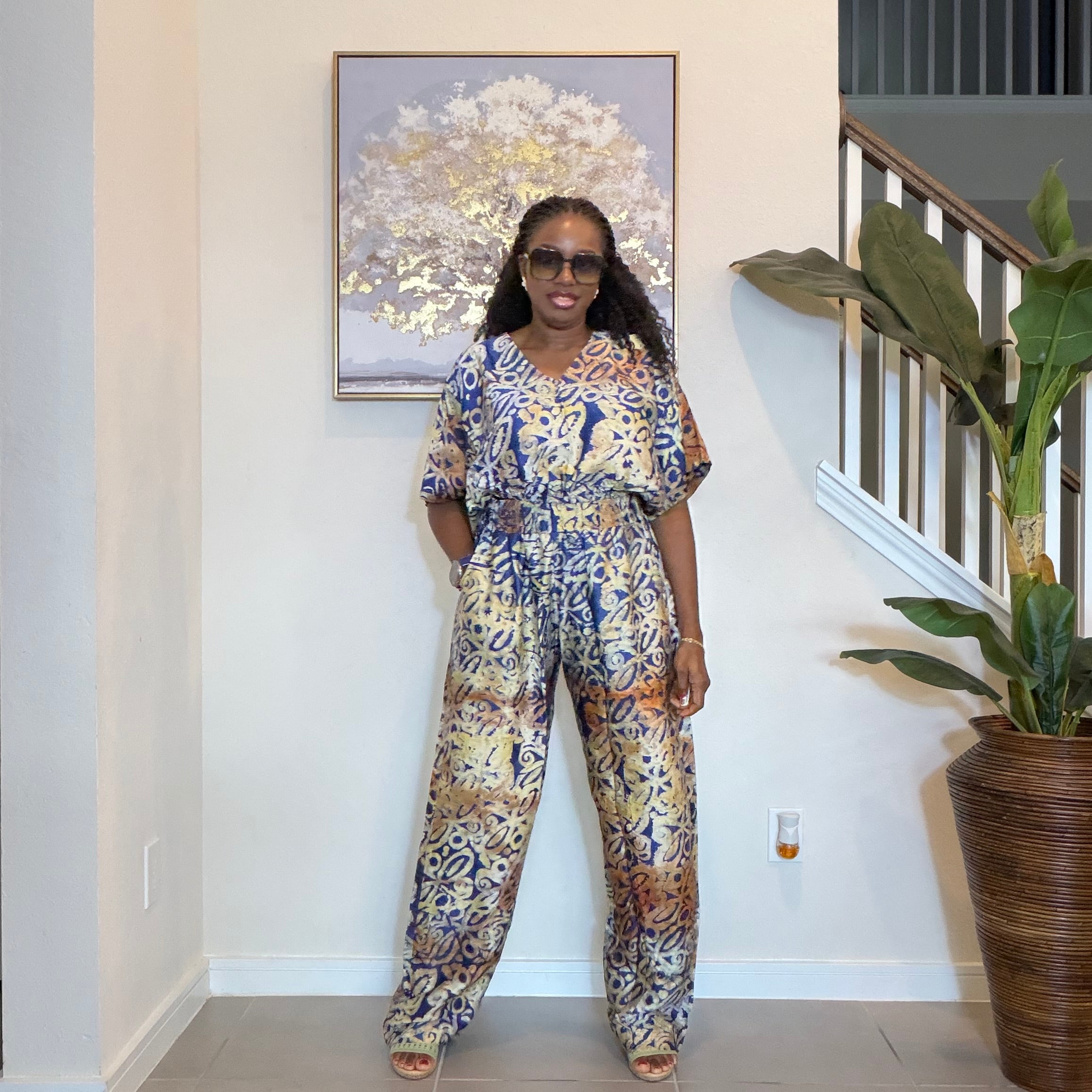 Adire Silk-Crepe, Elastic Waist Top & Wide-Leg Pants Set