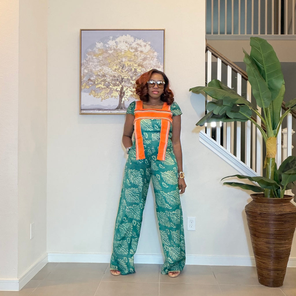 African Print Jumpsuit with Aso Oke, Green Leaf Adire Jumpsuit, Wide‑Leg One‑Piece
