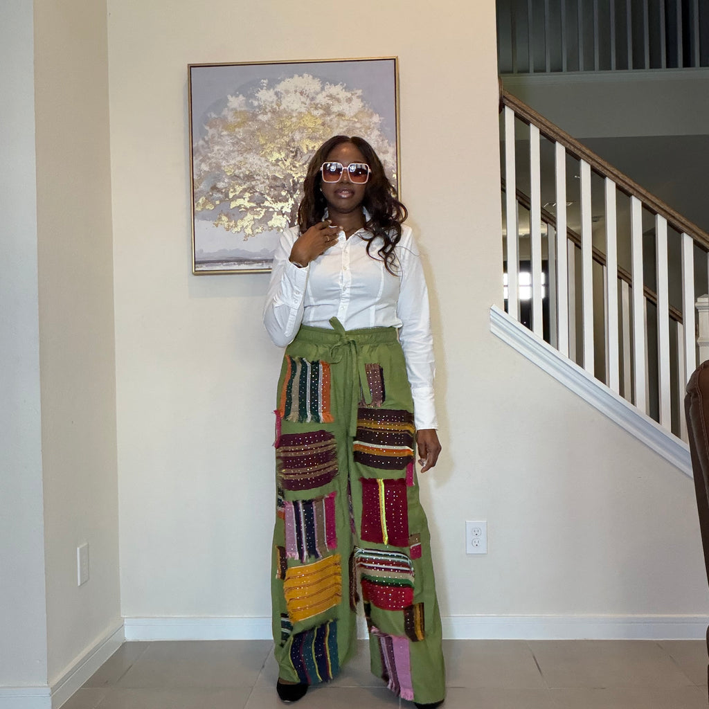 Luxury Linen Trousers with Stoned Aso Oke Patch