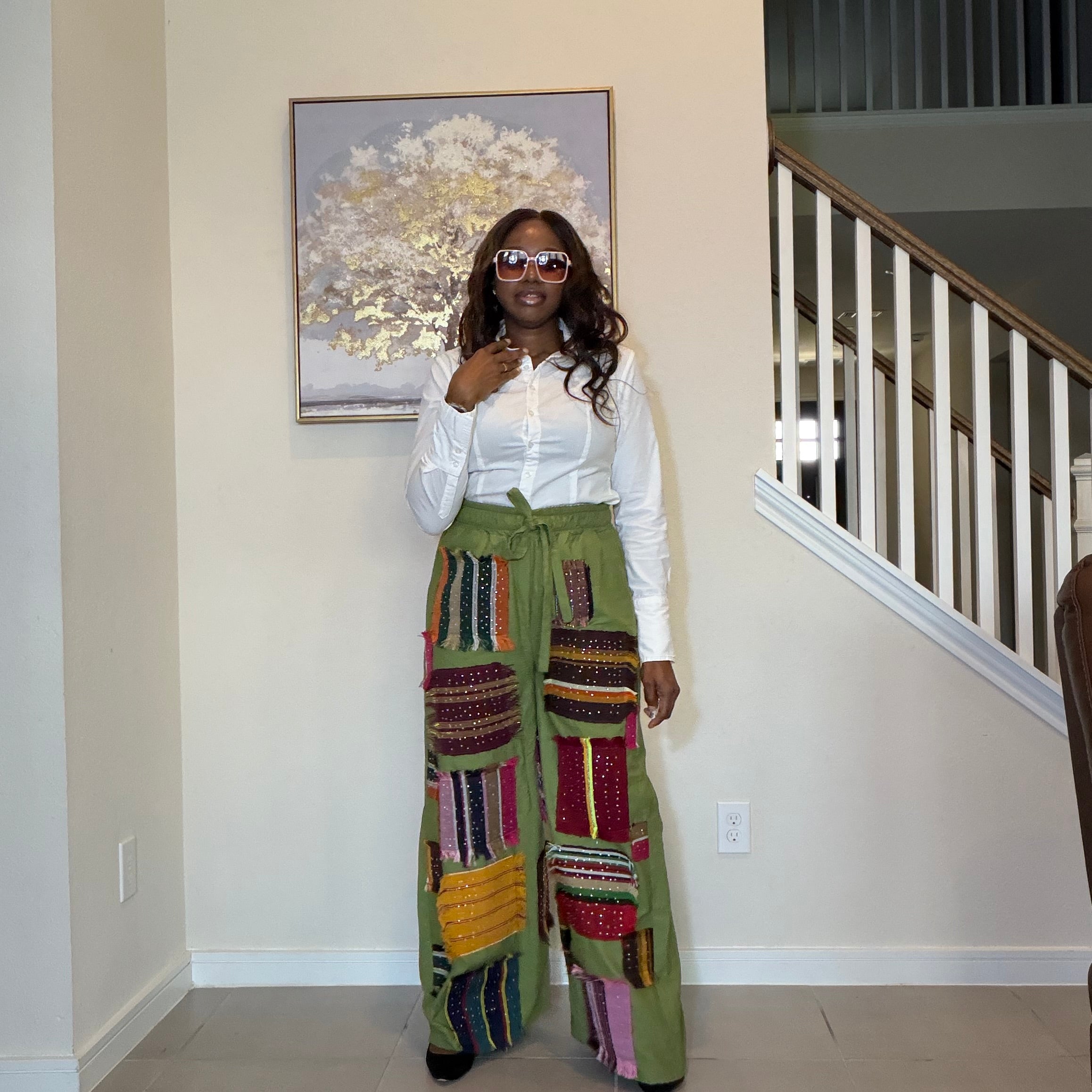 Luxury Linen Trousers with Stoned Aso Oke Patch