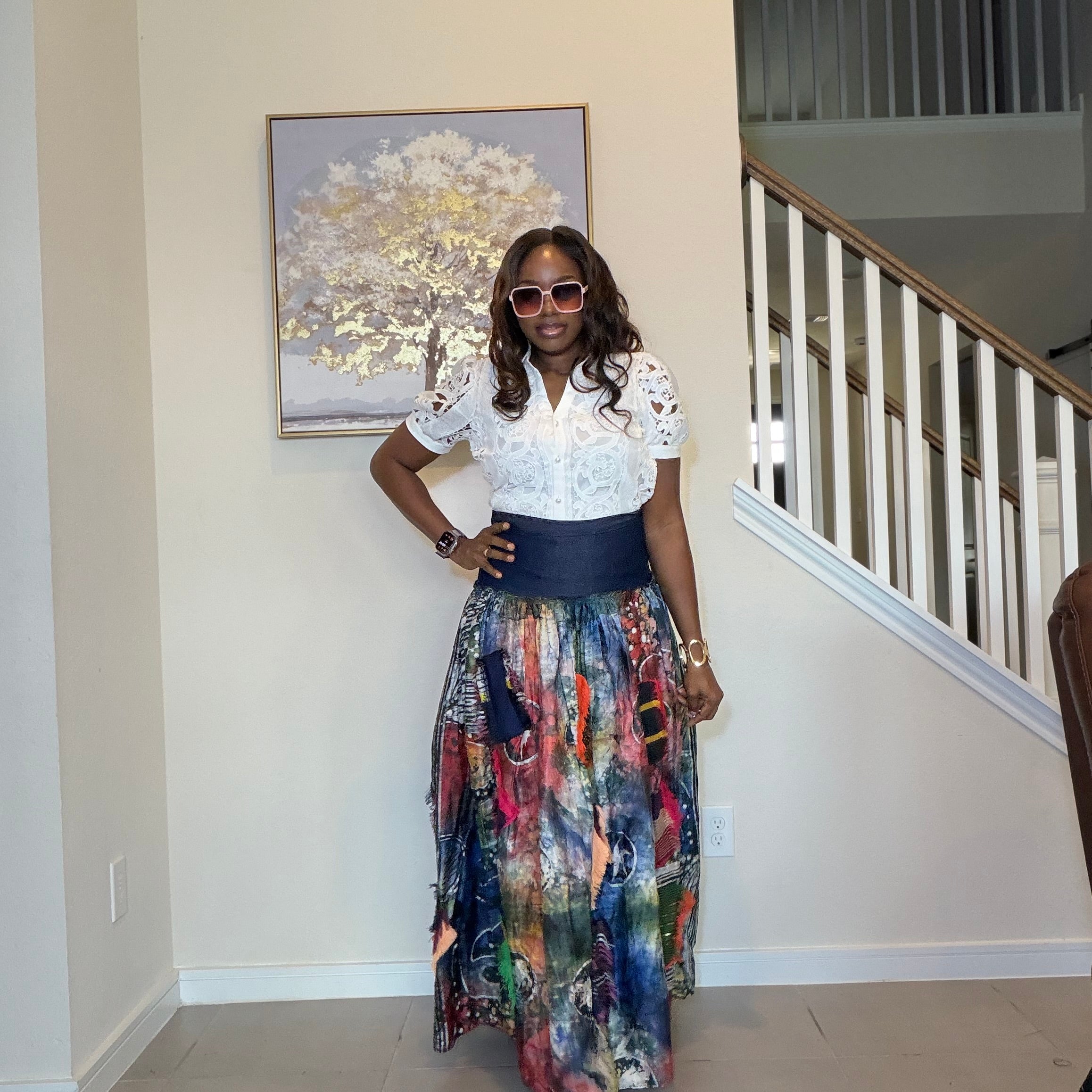 Adire Batik Maxi Skirt with Aso Oke Patchwork, High-Waisted African Print Long Skirt