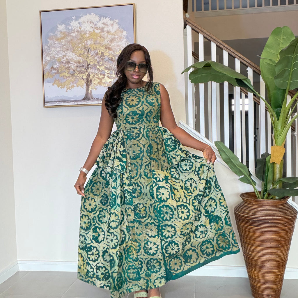 Adire Dress with Flare Sides – Sleeveless African Print Dress for Women