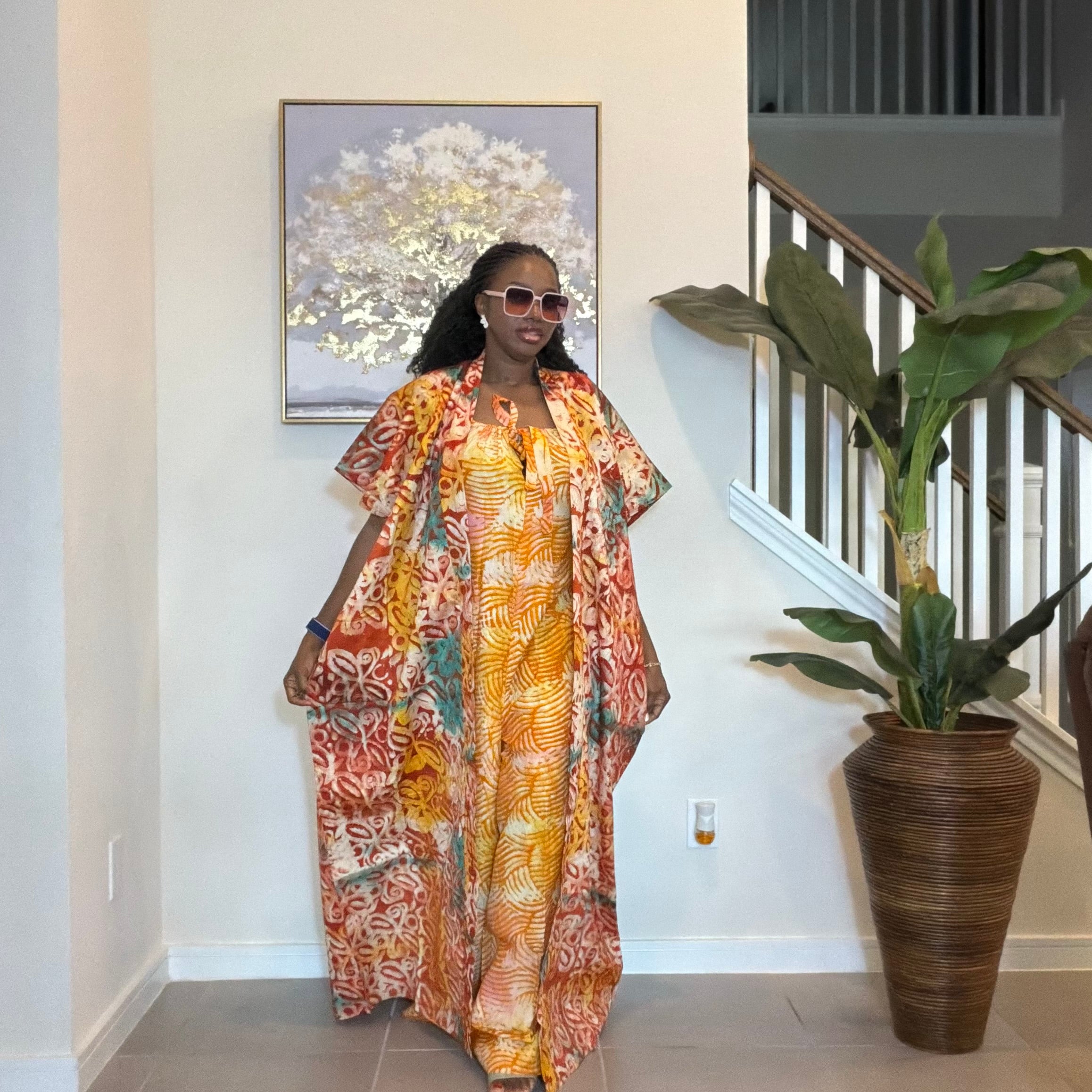 2-Piece Adire Crepe Jumpsuit and Maxi Kimono Set