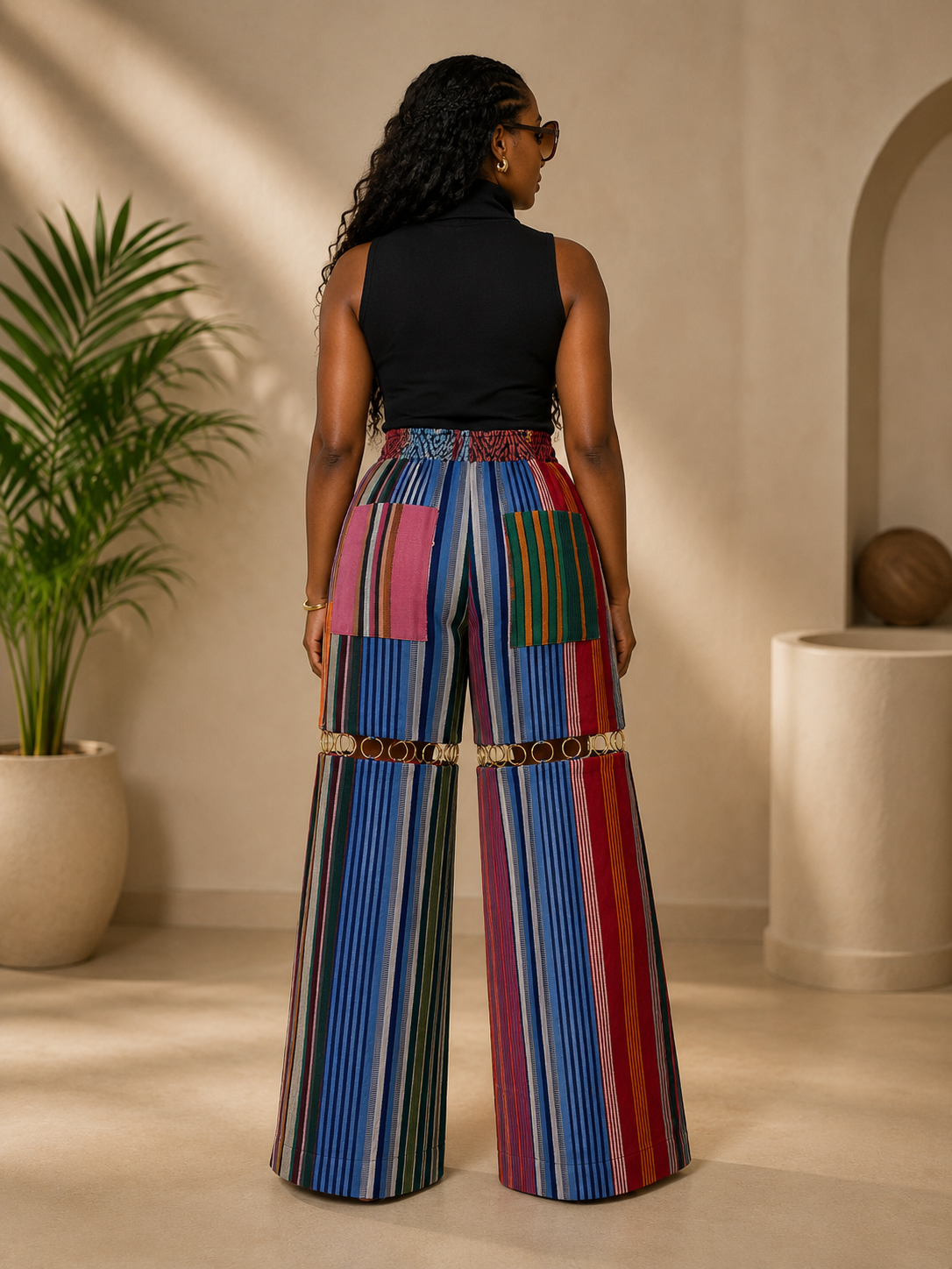 Multicolor Aso Oke Wide-Leg Trousers with Ring Detail