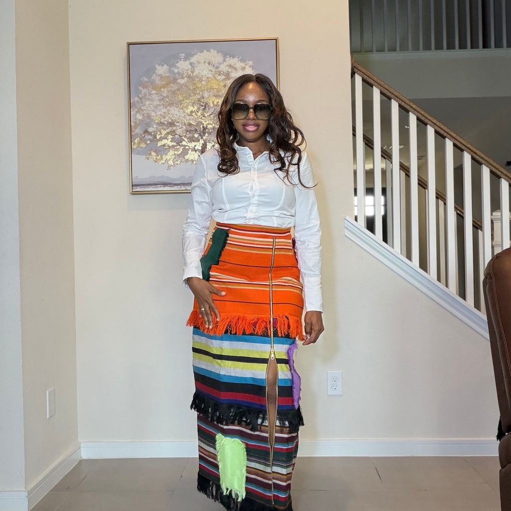 Colorful African Aso Oke Fringe Skirt, Handmade Aso Oke Patchwork Skirt
