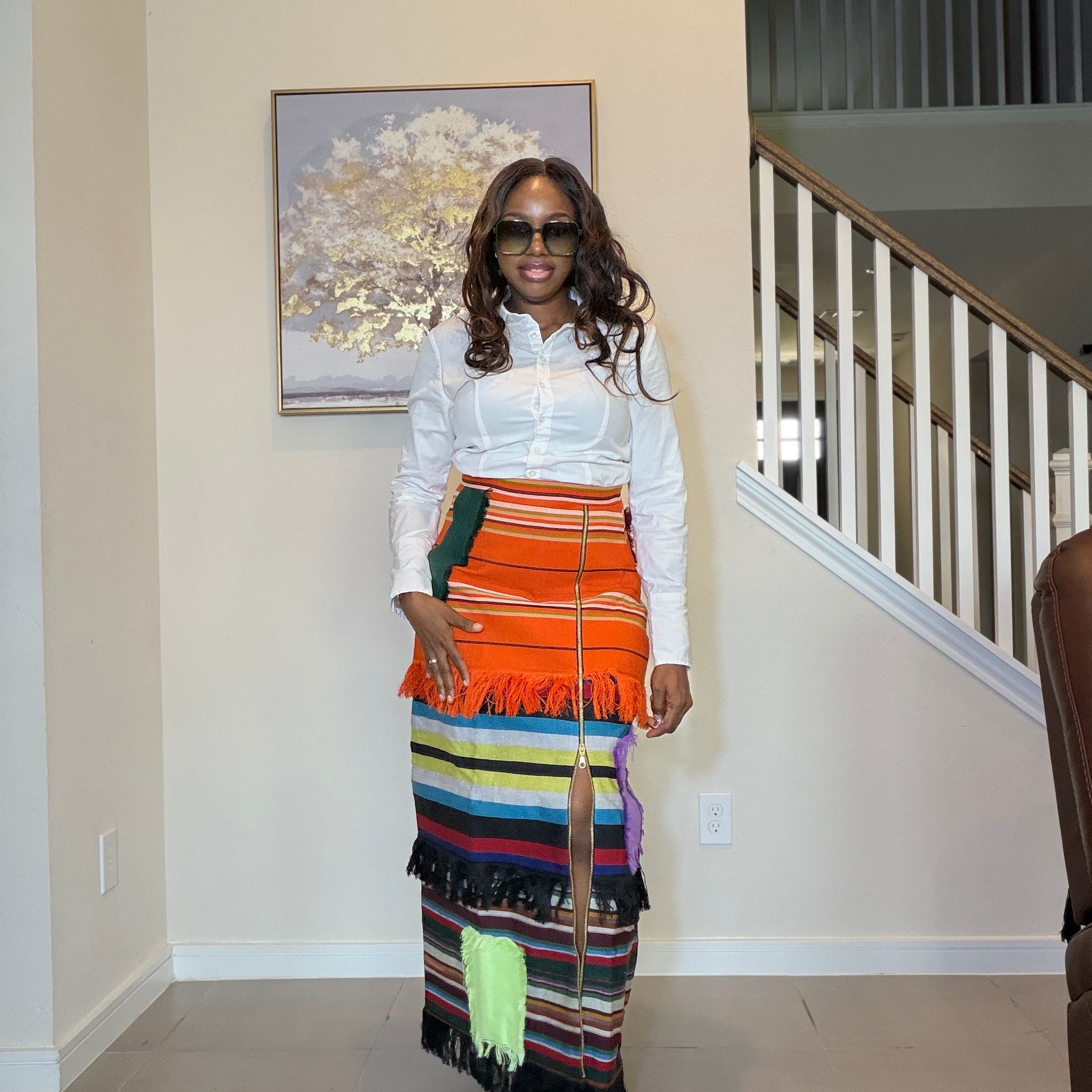 Colorful African Aso Oke Fringe Skirt, Handmade Aso Oke Patchwork Skirt