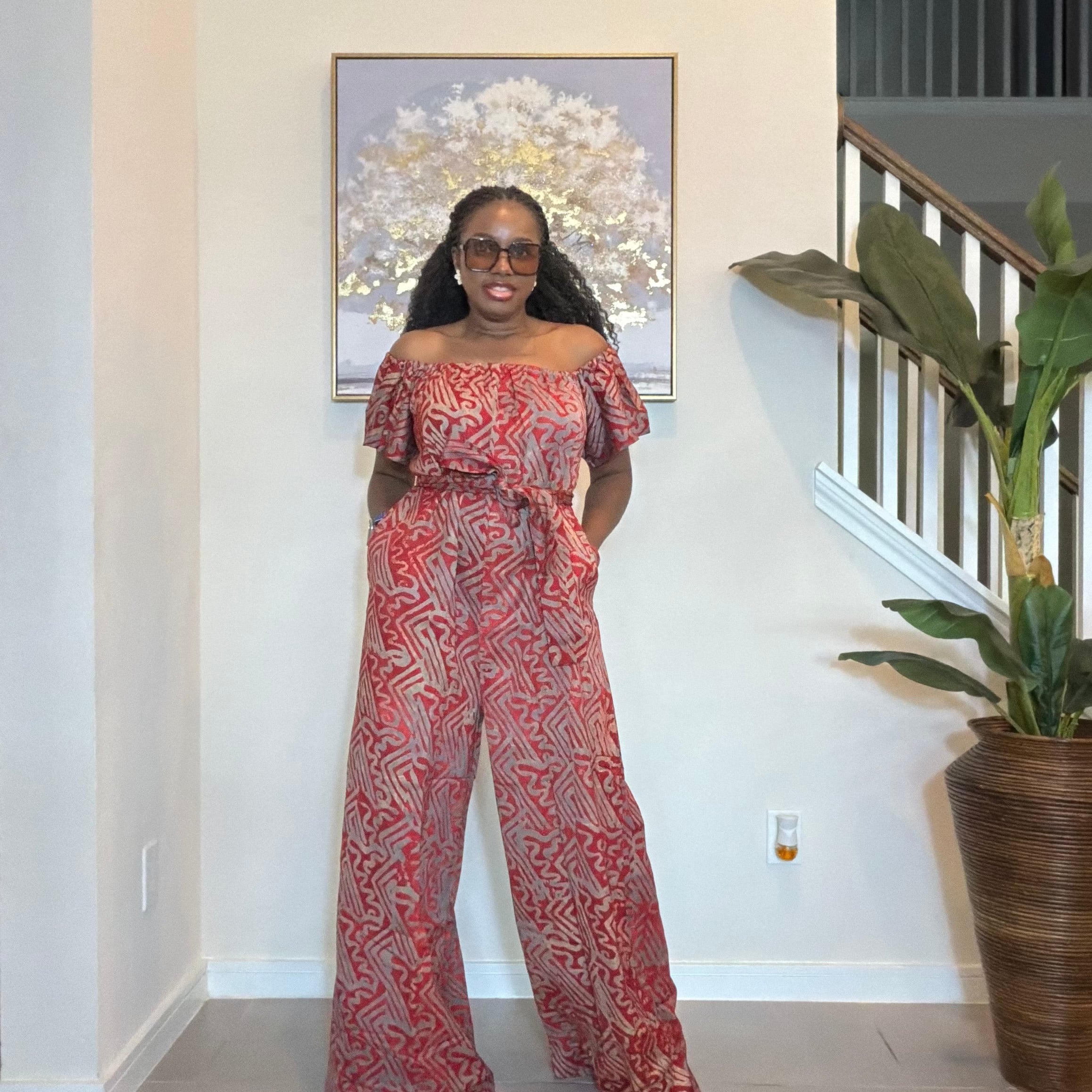 Adire Printed Wide-Leg Jumpsuit Convertible Off-Shoulder with Detachable Belt