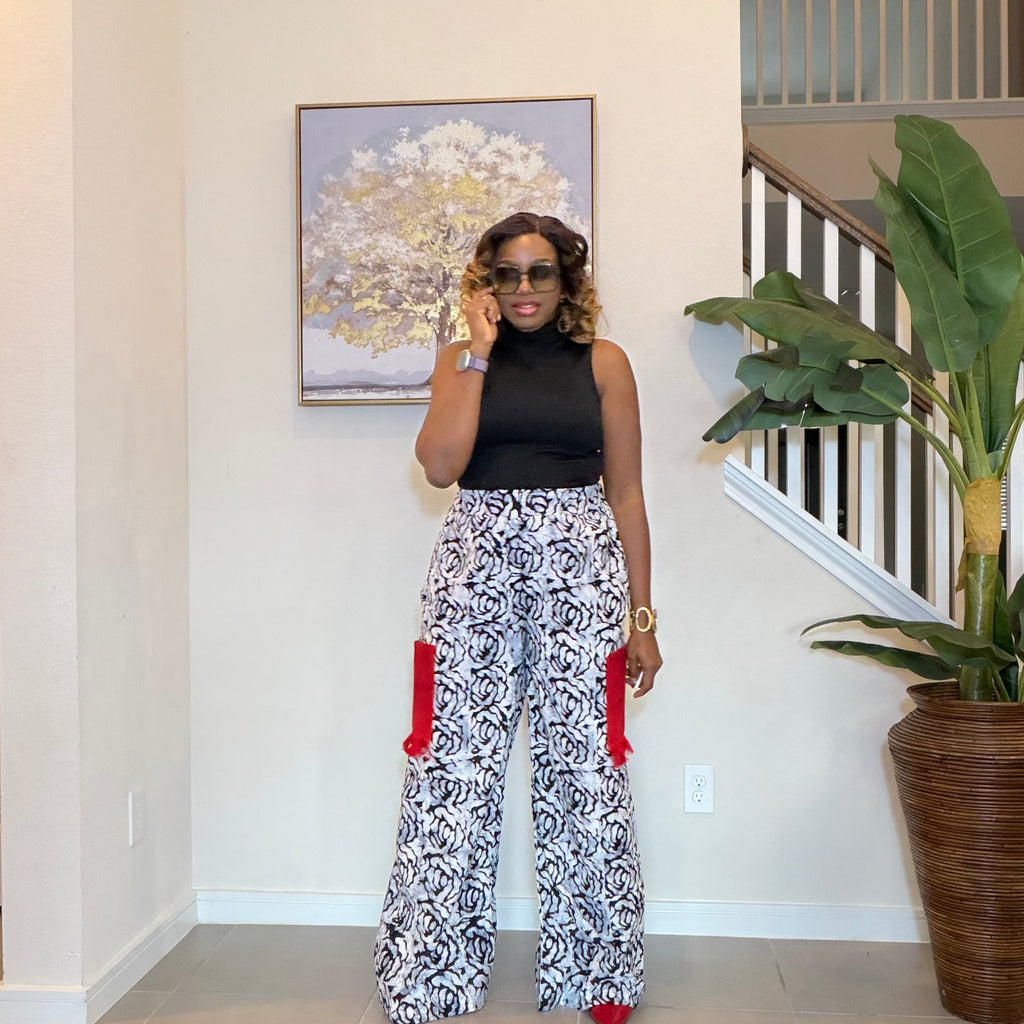 Ankara Wide‑Leg Pants with Aso Oke side pockets.