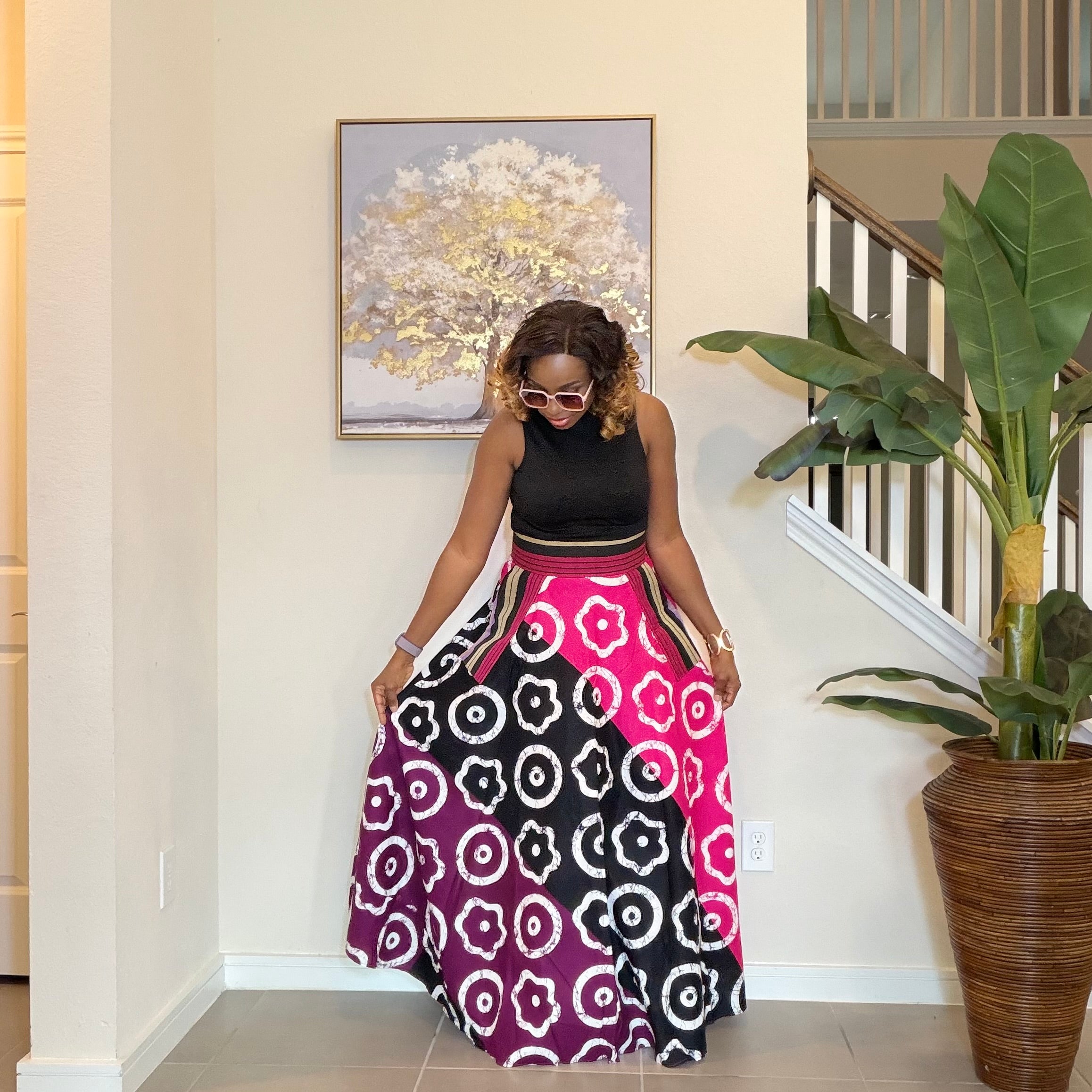 African Ankara Maxi Skirt, High Waist Skirt with Aso Oke Pockets