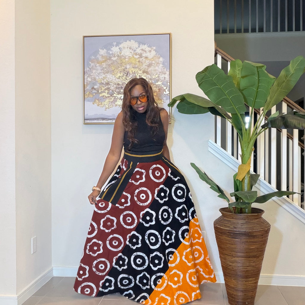 African Ankara Maxi Skirt, High Waist Skirt with Aso Oke Pockets