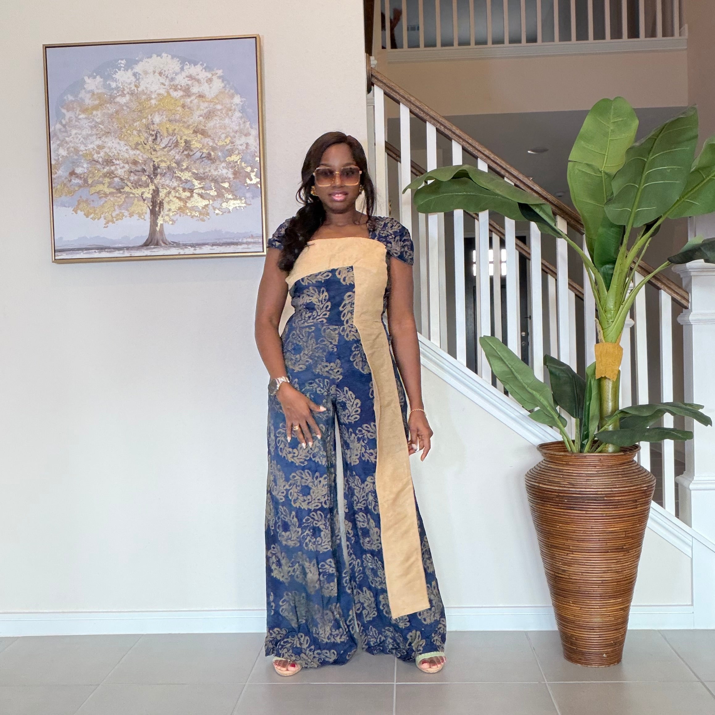 Blue Adire Floral Wide-Leg Jumpsuit with Aso Oke Detail