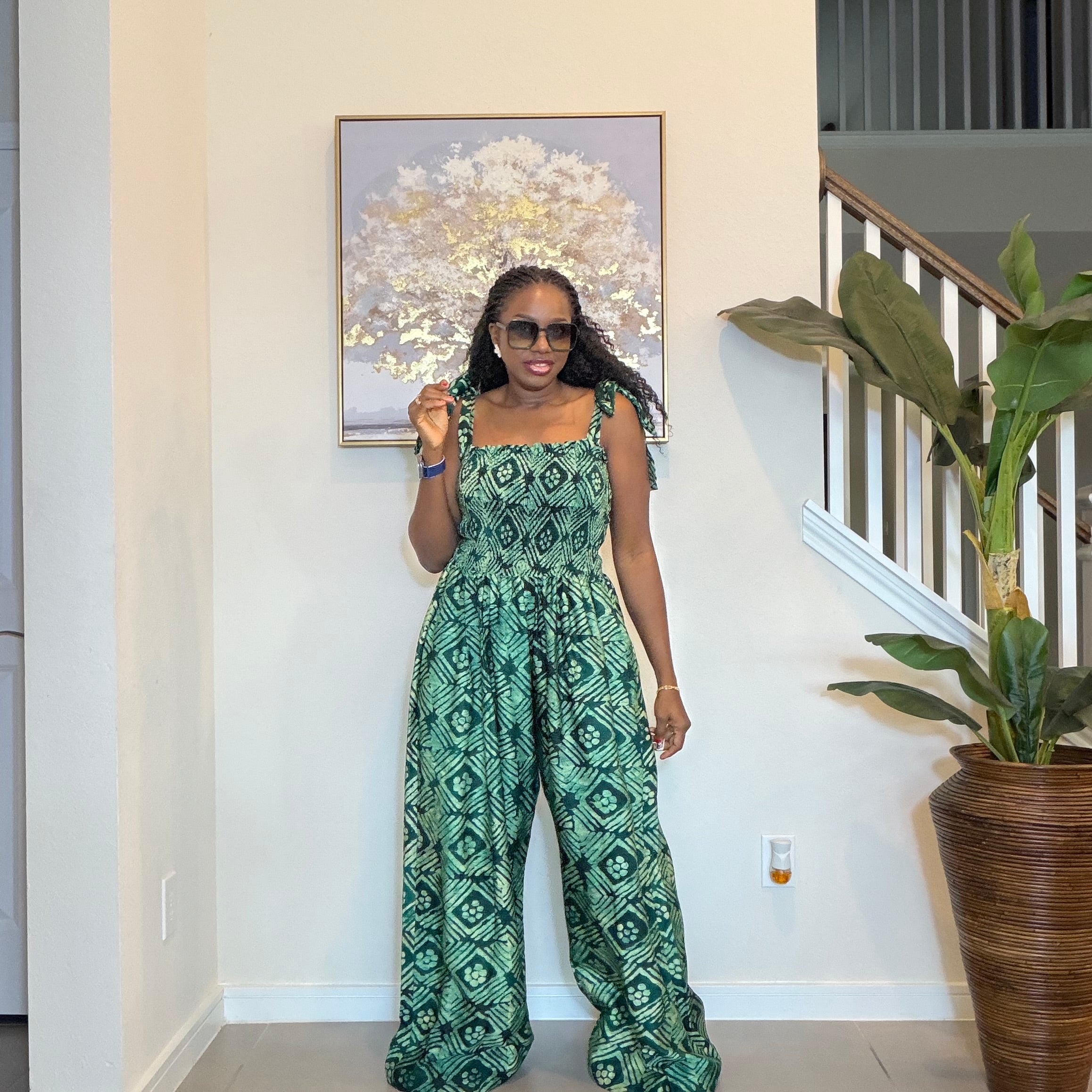 Handmade Adire Crepe Jumpsuit with Smocked Bodice