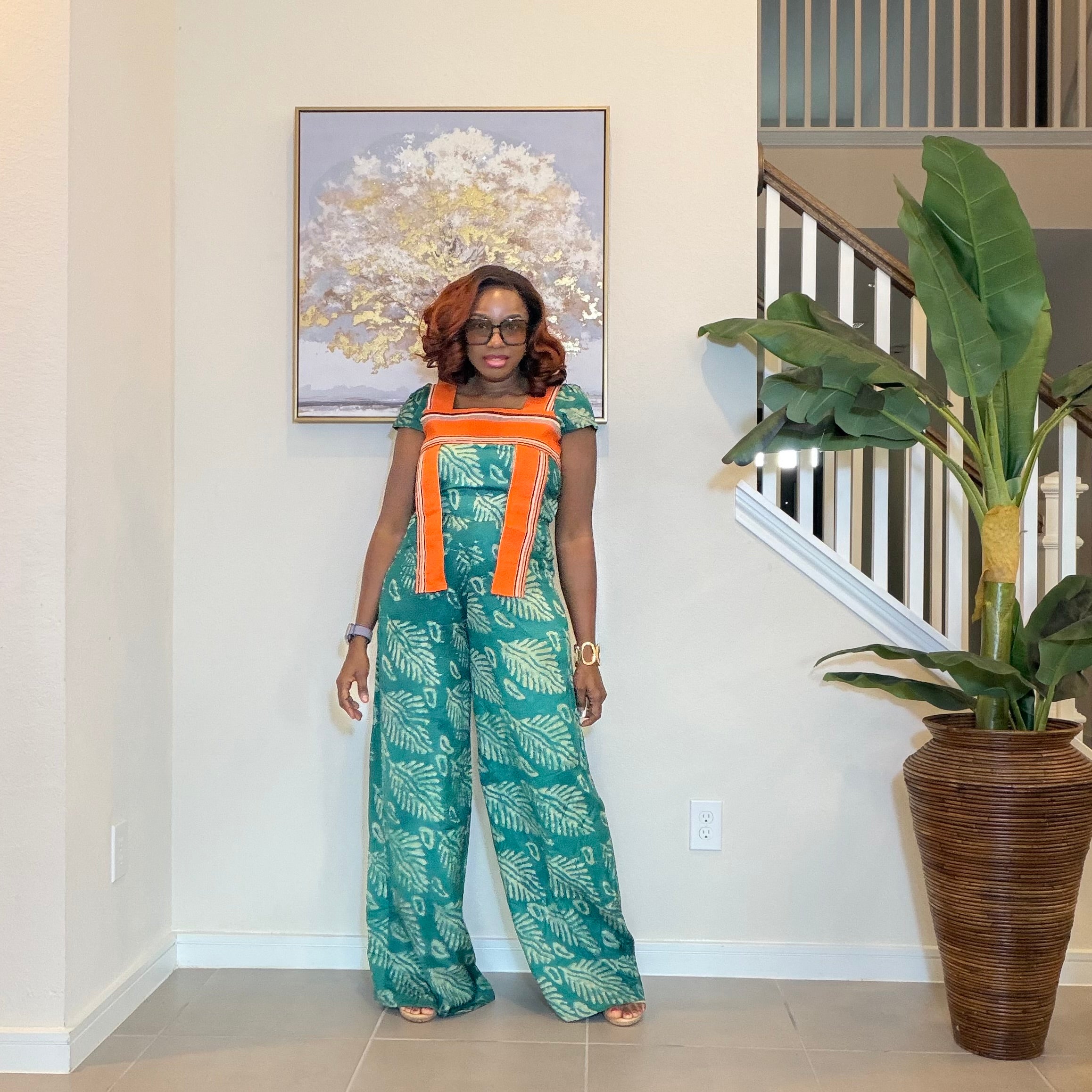 African Print Jumpsuit with Aso Oke, Green Leaf Adire Jumpsuit, Wide‑Leg One‑Piece
