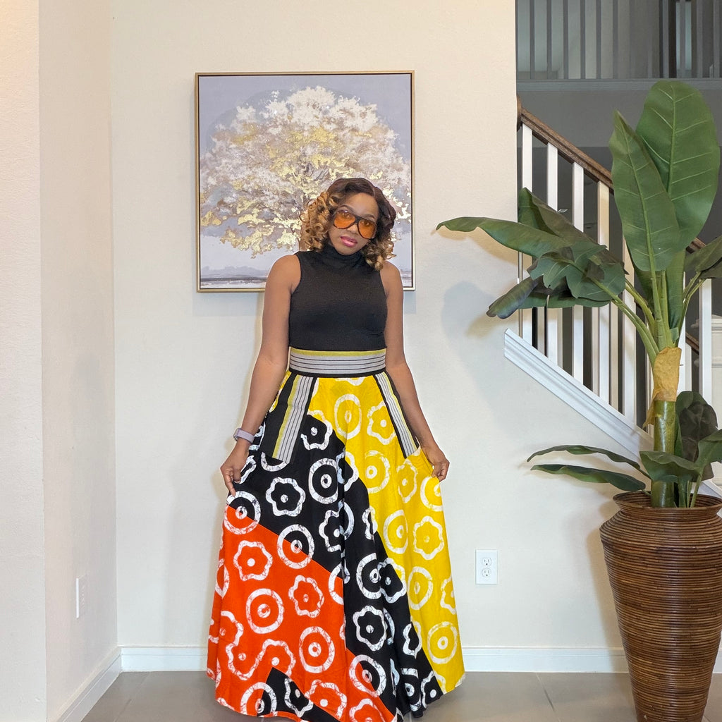 African Ankara Maxi Skirt, High Waist Skirt with Aso Oke Pockets