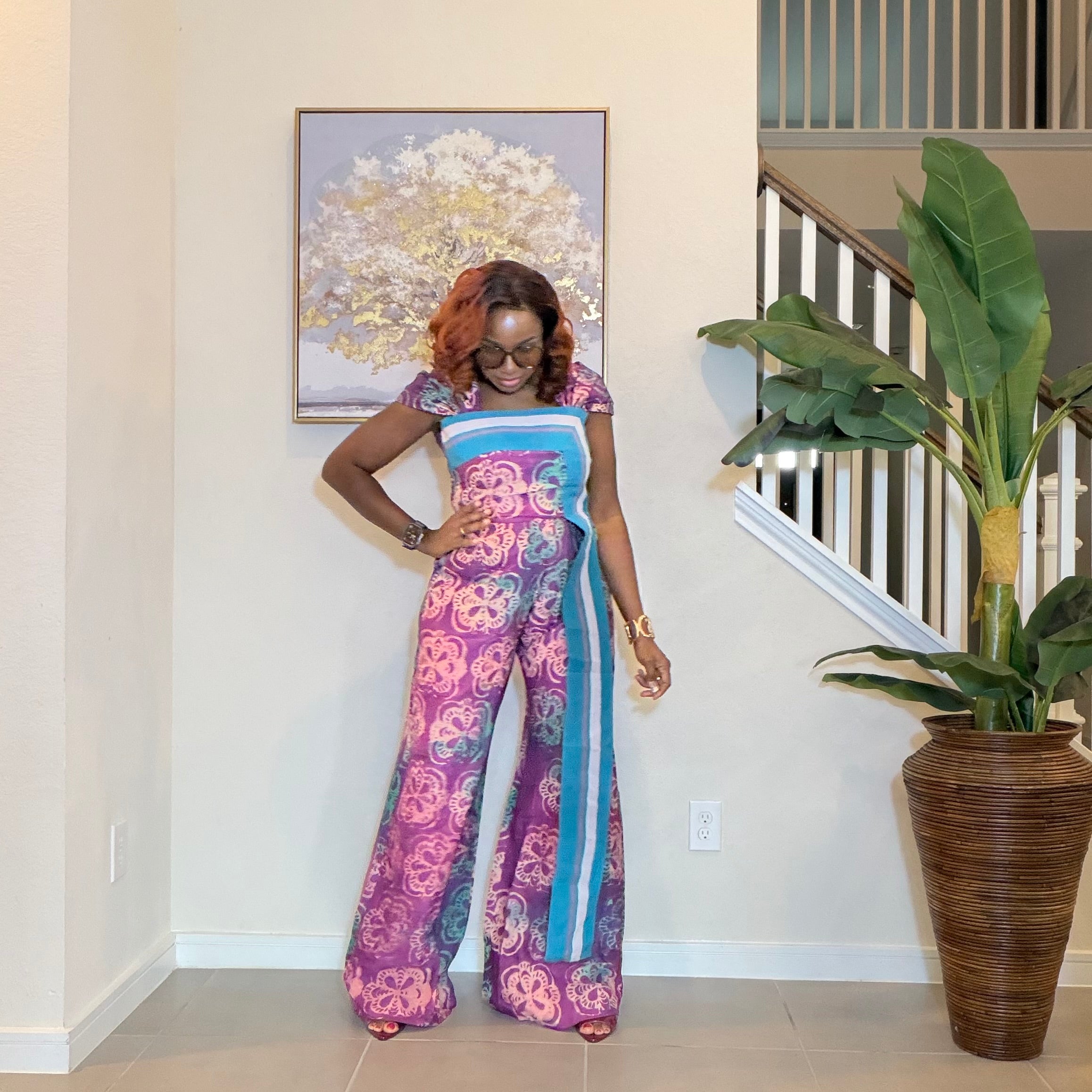 Adire Floral Wide-Leg Jumpsuit with Aso Oke Detail