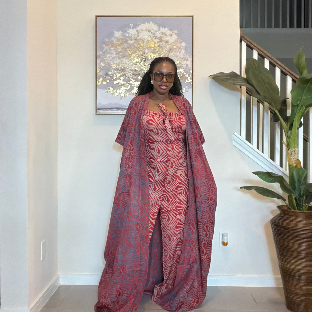 2-Piece Adire Crepe Jumpsuit and Kimono Set