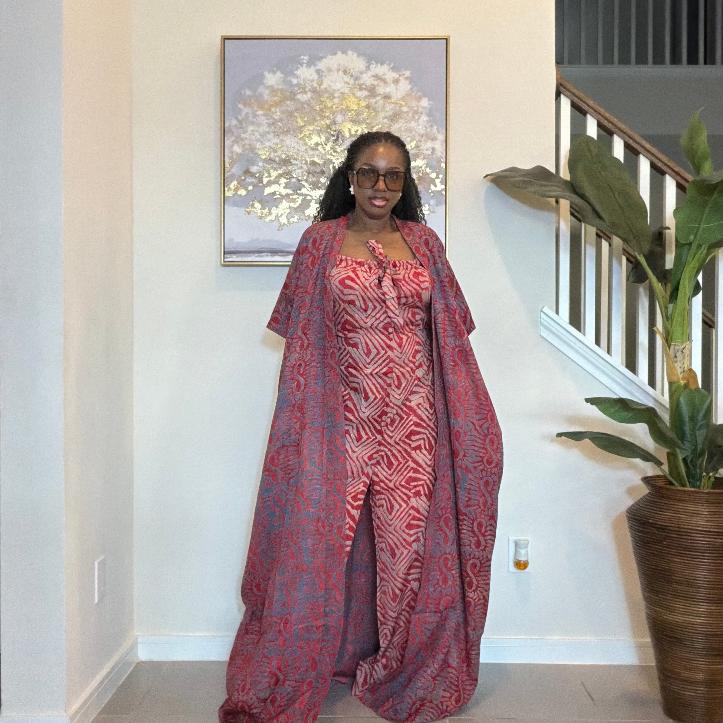 2-Piece Adire Crepe Jumpsuit and Kimono Set