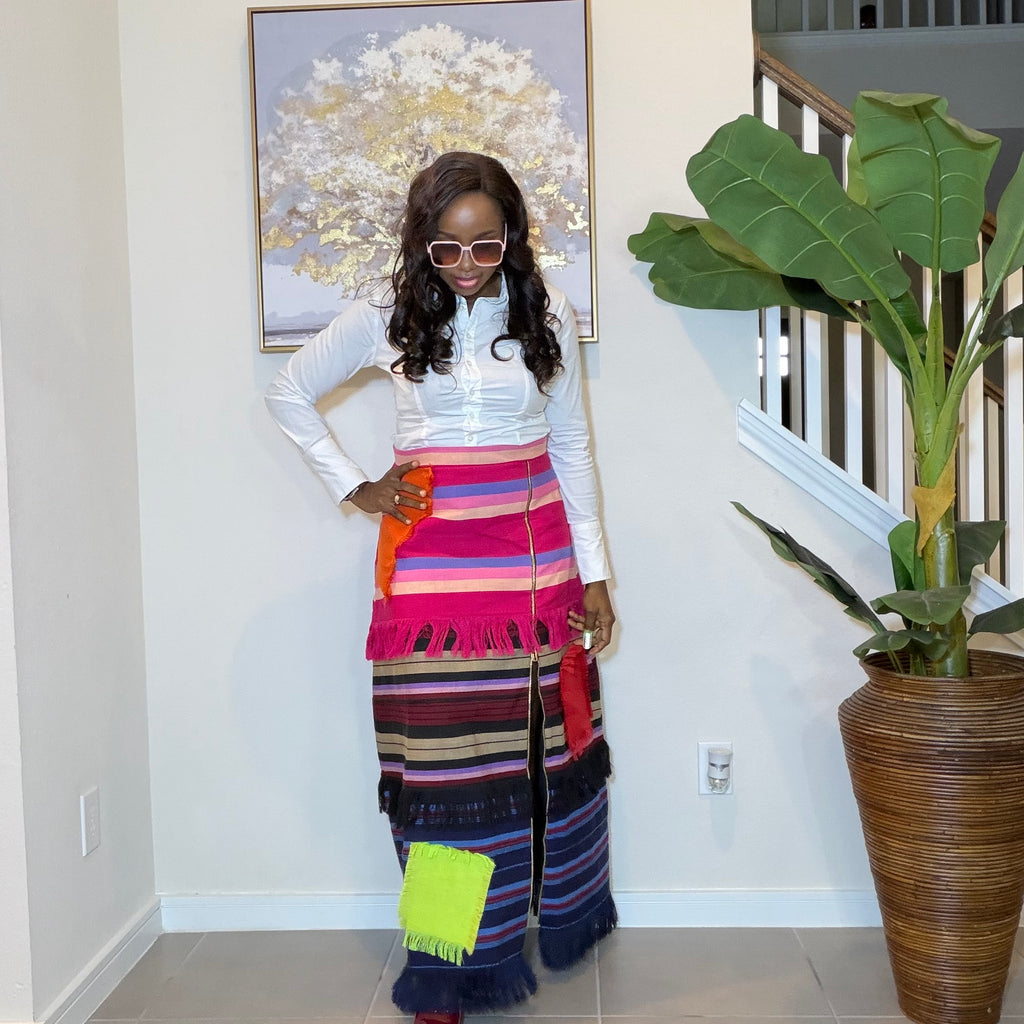 Colorful African Aso Oke Fringe Skirt, Handmade Aso Oke Patchwork Skirt