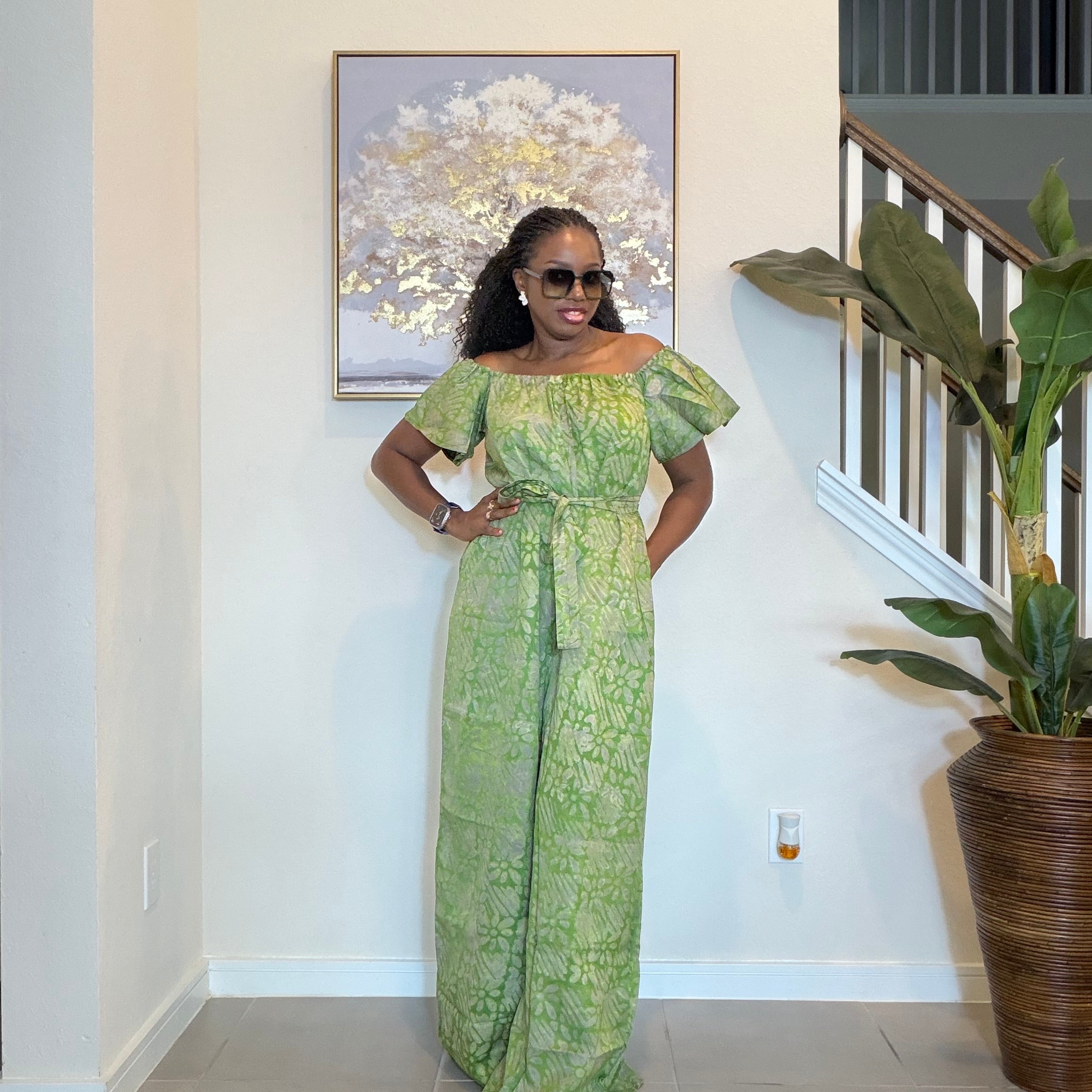 Adire Jumpsuit - African Print Off-the-Shoulder Wide Leg Romper