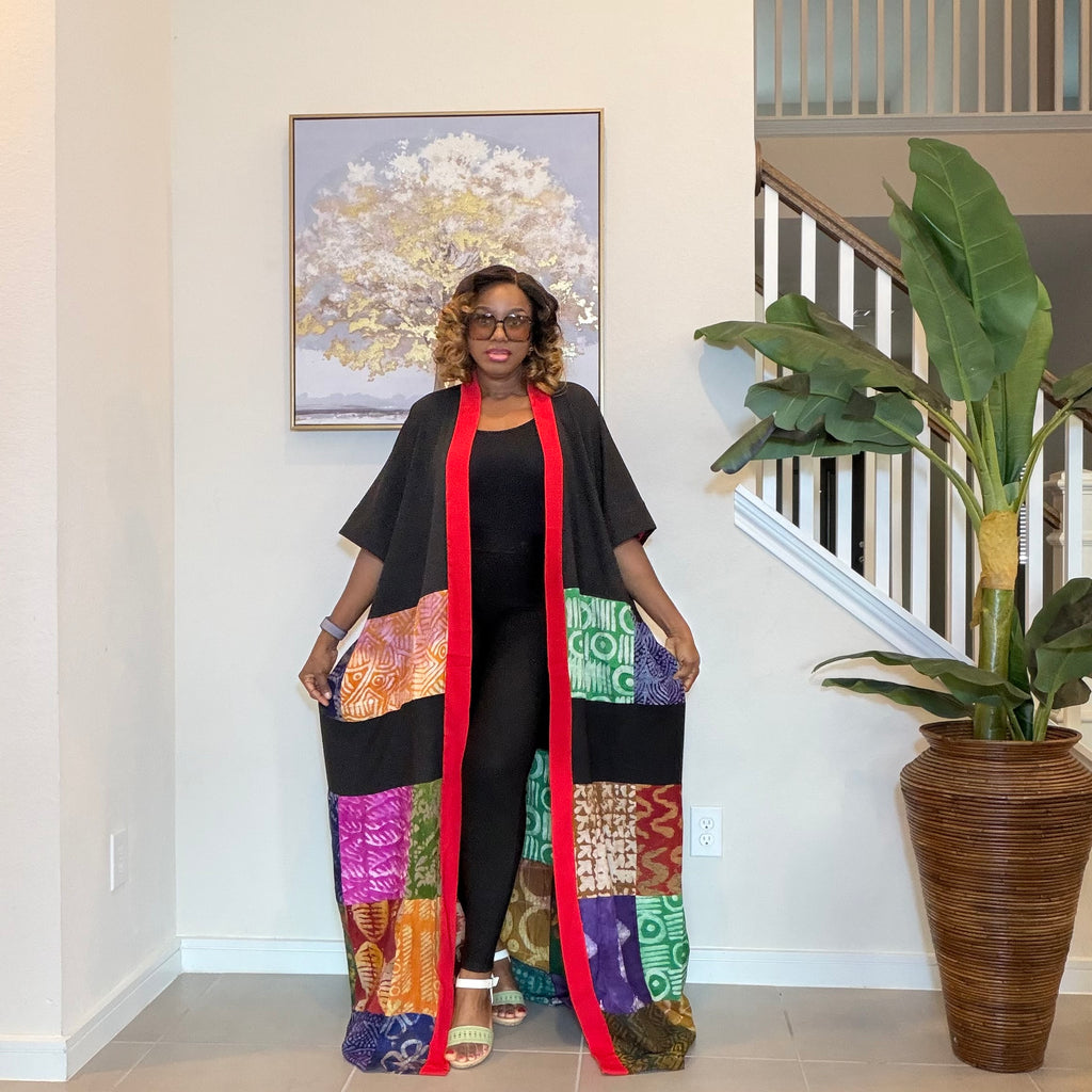 Multicolor Adire Kimono, Patchwork Long Kimono, Handmade African Fashion